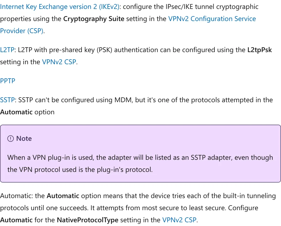 หน้า VPN connection types บน Microsoft Learn อธิบายโปรโตคอล IKEv2, L2TP, PPTP, SSTP และตัวเลือก Automatic ที่ลองโปรโตคอลทีละตัวจนเชื่อมต่อสำเร็จ