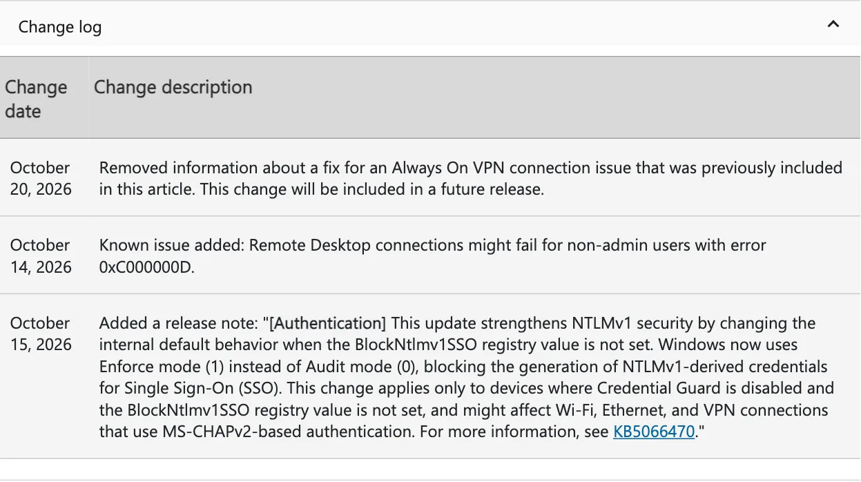 Always On VPN ค้างยังไม่ได้แก้: บันทึกการเปลี่ยนแปลงในหน้า KB5127648 ของ Microsoft วันที่ 20 ต.ค. 2026 ระบุว่าลบข้อมูลการแก้ปัญหา Always On VPN ออกและจะแก้ในรุ่นถัดไป