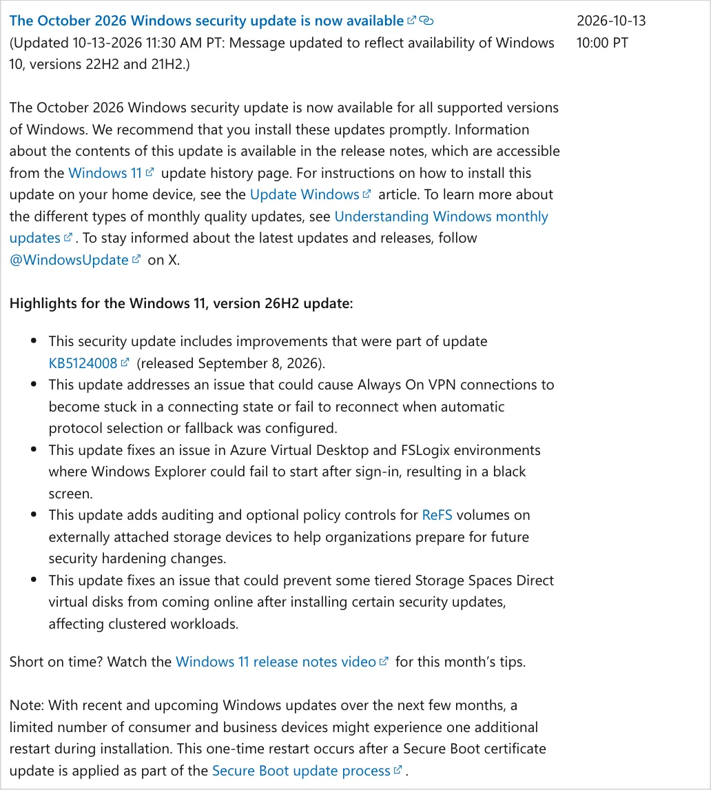 ประกาศใน Windows message center วันที่ 13 ต.ค. 2026 เรื่องอัปเดตความปลอดภัยเดือนตุลาคม มีไฮไลต์ของ Windows 11 เวอร์ชัน 26H2 ว่าแก้ปัญหา Always On VPN ค้างตอนเชื่อมต่อ