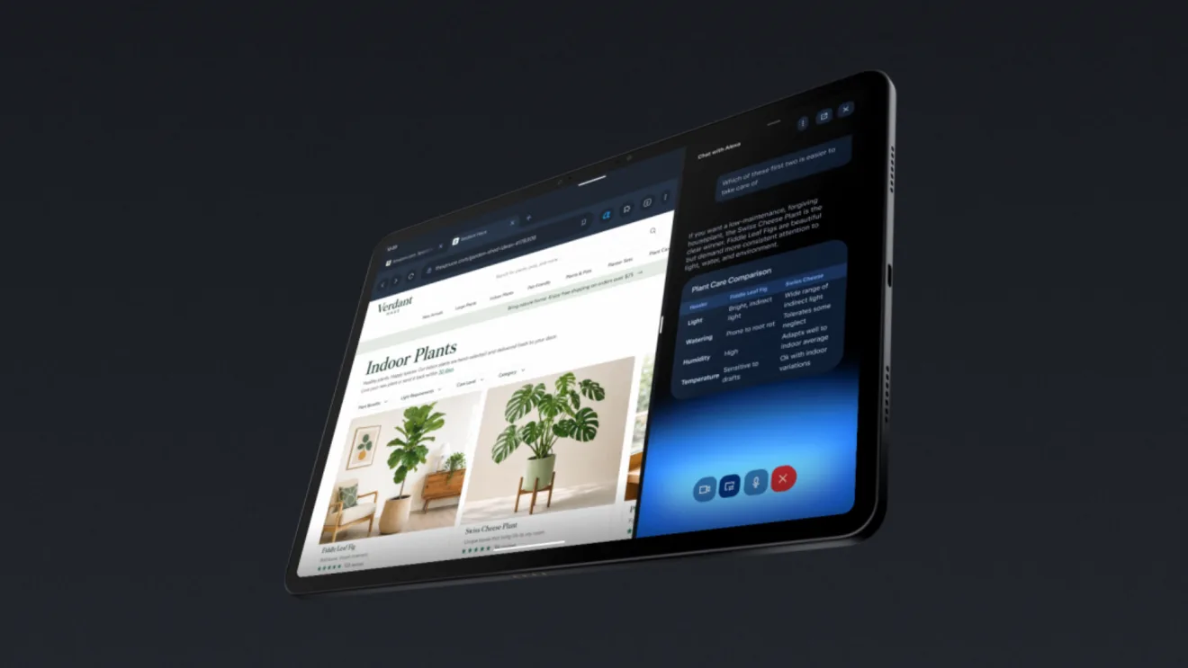 แผง Alexa+ ด้านขวาของจอ Alexa Tablet ขณะเปิดหน้าเว็บเกี่ยวกับต้นไม้ในบ้าน
