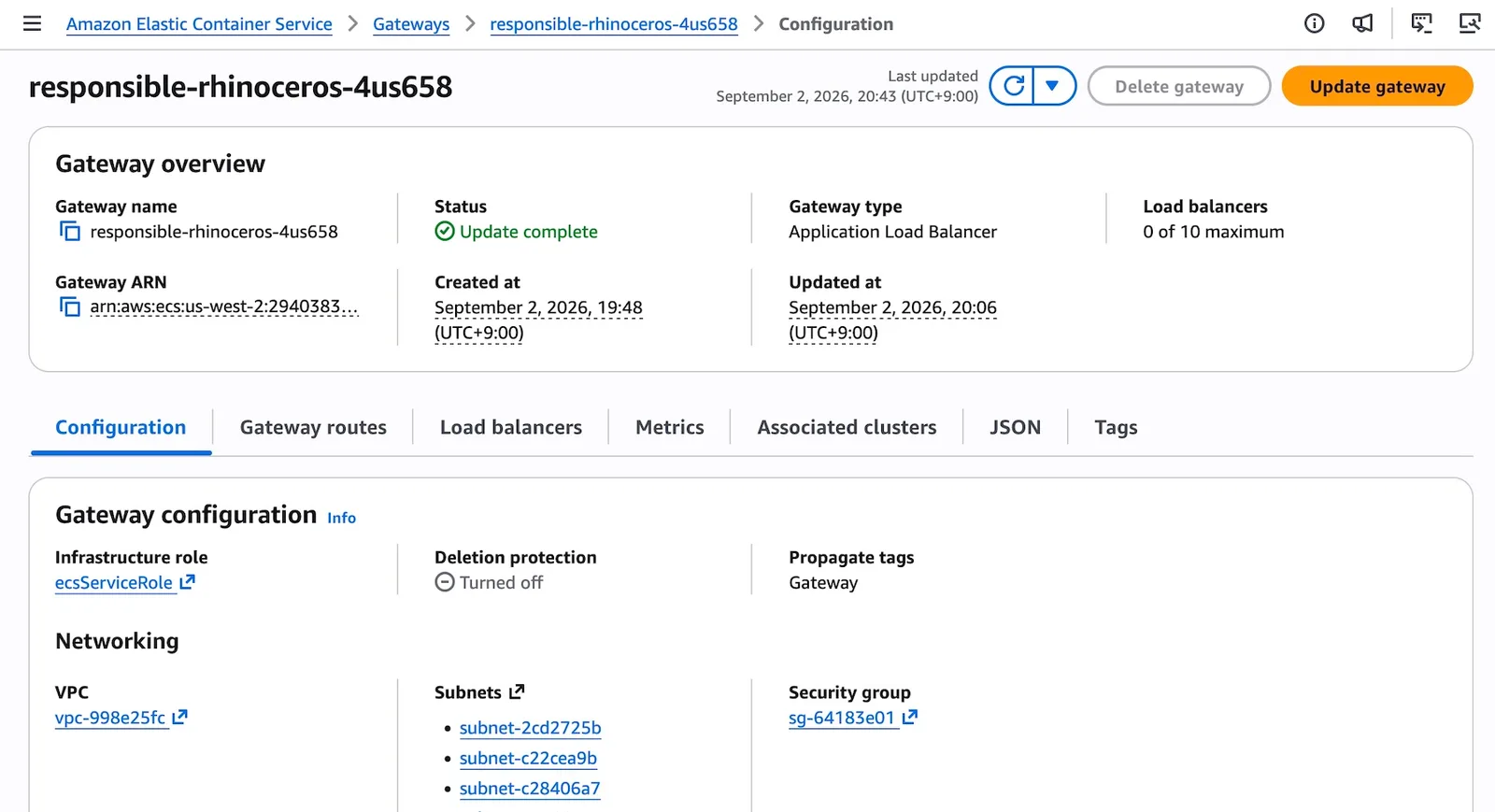 หน้าคอนโซล Amazon ECS แสดงภาพรวมของ gateway ชื่อ responsible-rhinoceros-4us658 สถานะ Update complete ประเภท Application Load Balancer จำนวน Load Balancer 0 จากสูงสุด 10 และการตั้งค่า VPC subnet และ security group
