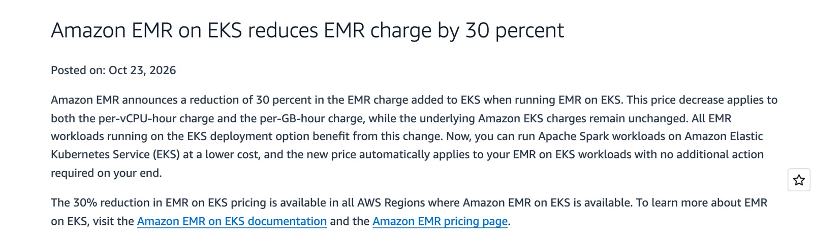 ภาพหน้าจอประกาศ What's New ของ AWS วันที่ 23 ตุลาคม 2026 เรื่อง EMR on EKS ลดราคา 30% ทั้งค่าต่อ vCPU-ชั่วโมงและต่อ GB-ชั่วโมง โดยค่า Amazon EKS ไม่เปลี่ยน