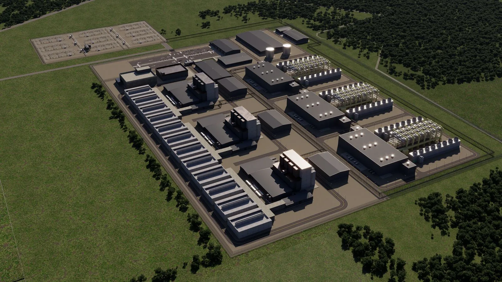 ภาพจำลองมุมสูงของโรงไฟฟ้า Amazon SMR Indiana ขนาด 960 MW บนที่ตั้งเดิมของโรงไฟฟ้าถ่านหิน Breed ใน Sullivan County