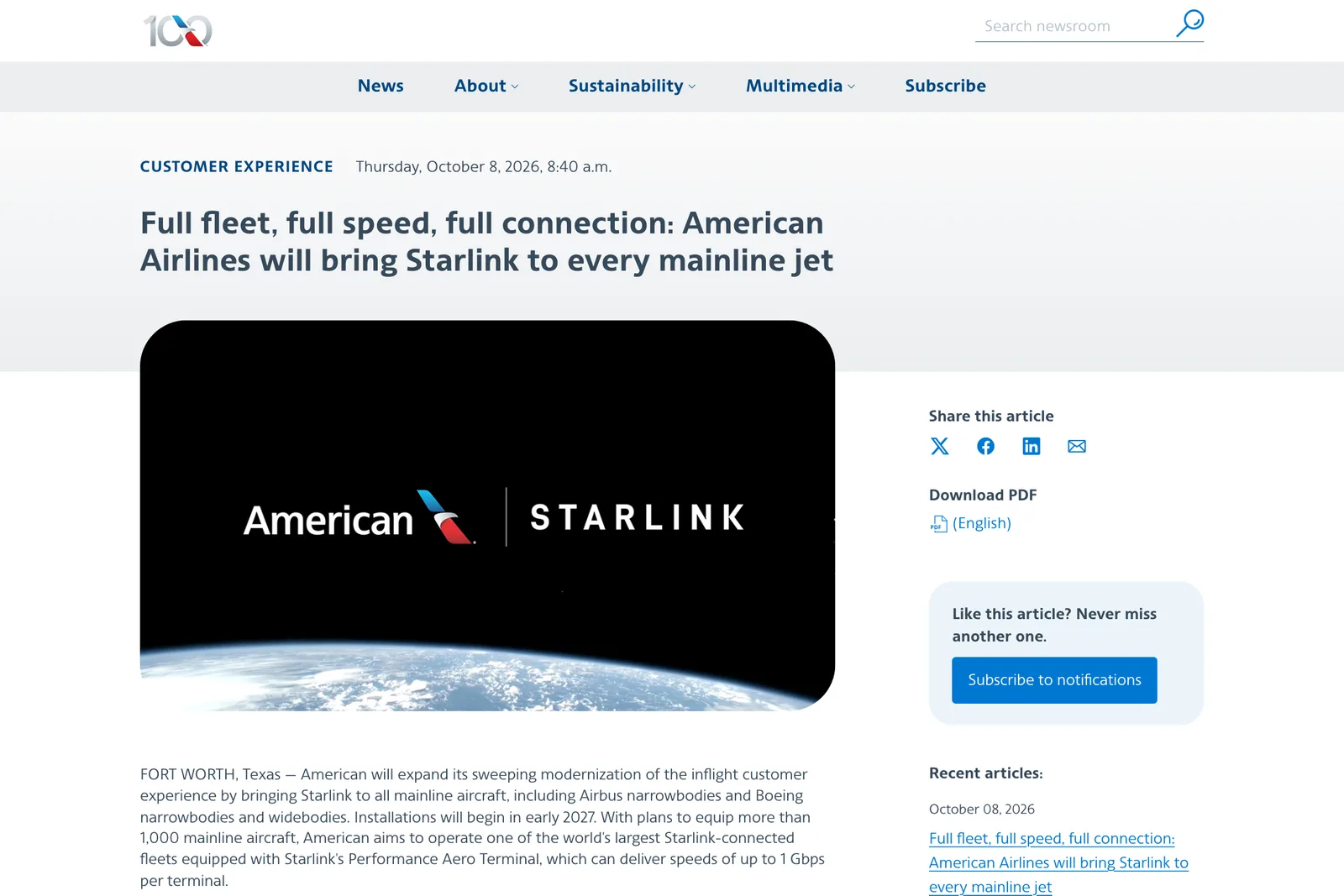 หน้าข่าวประชาสัมพันธ์ของ American Airlines วันที่ 8 ตุลาคม 2026 หัวข้อ American Airlines will bring Starlink to every mainline jet ระบุว่าจะเริ่มติดตั้งต้นปี 2027 บนเครื่องบินหลักกว่า 1,000 ลำ