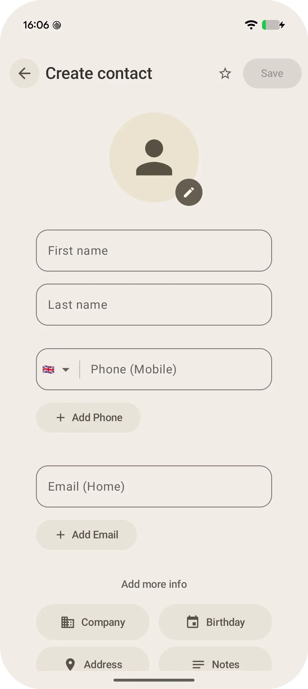 ตัวแก้ไขรายชื่อแบบเต็มหน้าจอของ Android ในภาพจำลอง UX ที่ Google เผยแพร่