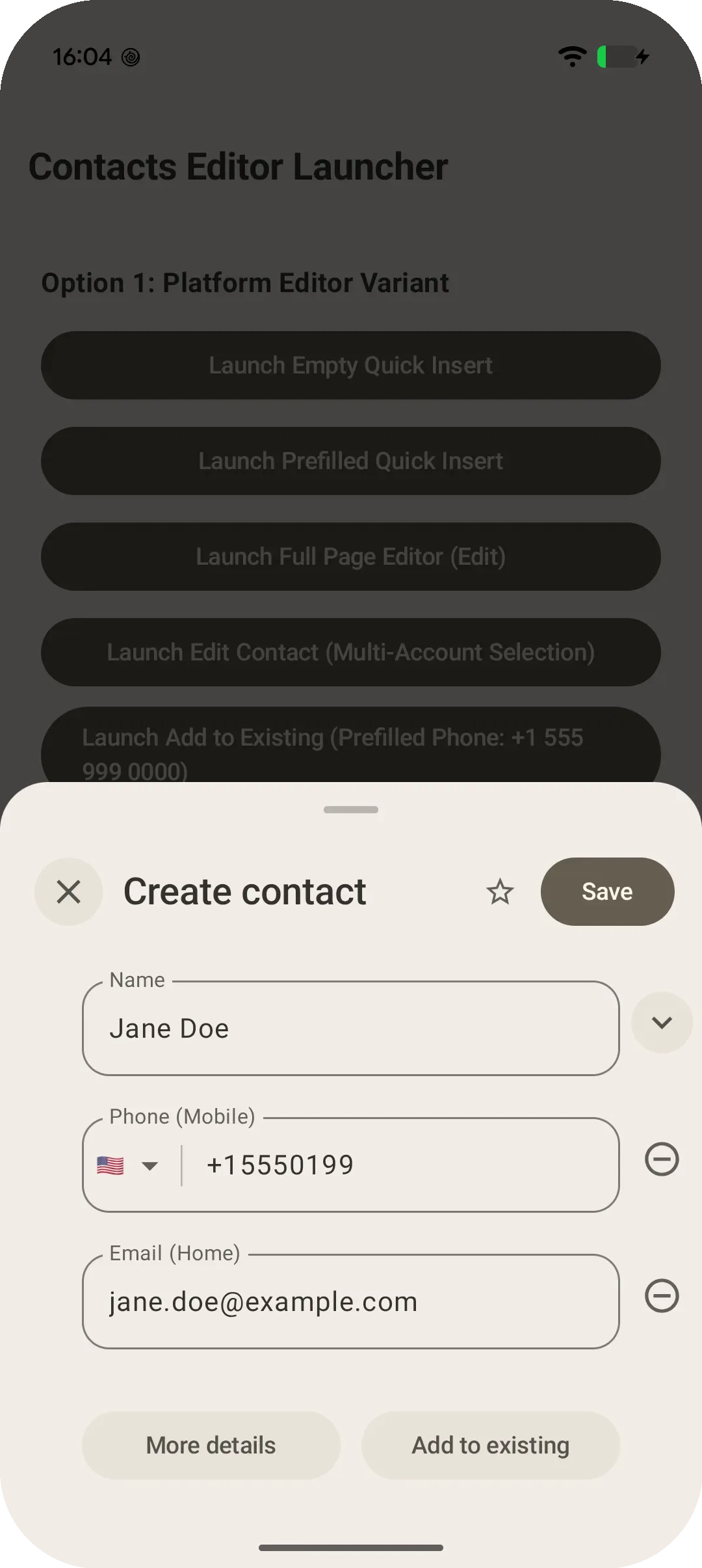 แผ่น Create contact ครึ่งหน้าจอของ Android ที่กรอกชื่อ Jane Doe เบอร์โทร และอีเมลไว้ให้ พร้อมปุ่ม Save, More details และ Add to existing (ภาพจำลอง UX ยังไม่ใช่แบบสุดท้าย)