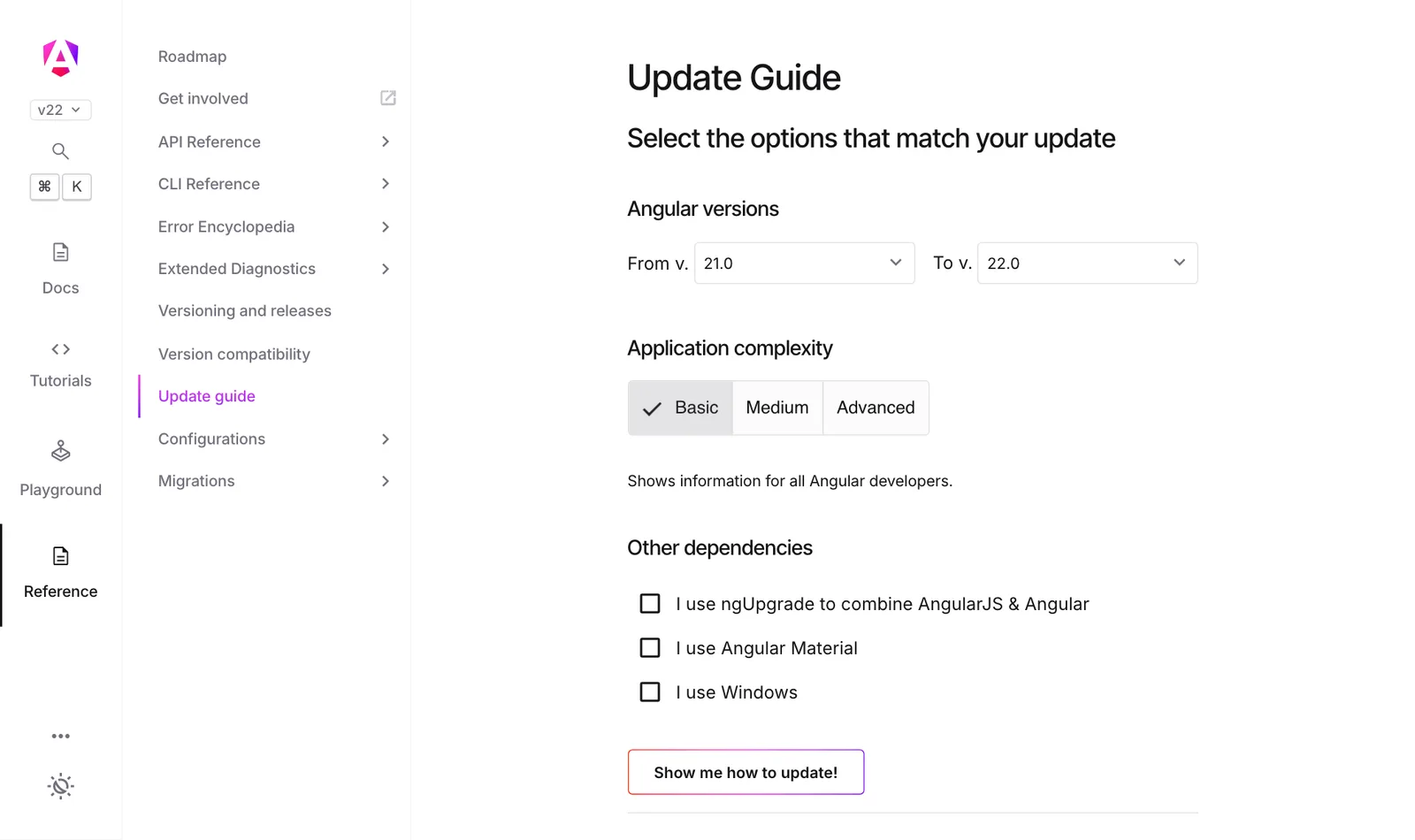 หน้า Update Guide ของ angular.dev ให้เลือกรุ่น Angular ต้นทางและปลายทาง ระดับความซับซ้อน Basic, Medium, Advanced และตัวเลือก ngUpgrade, Angular Material และ Windows