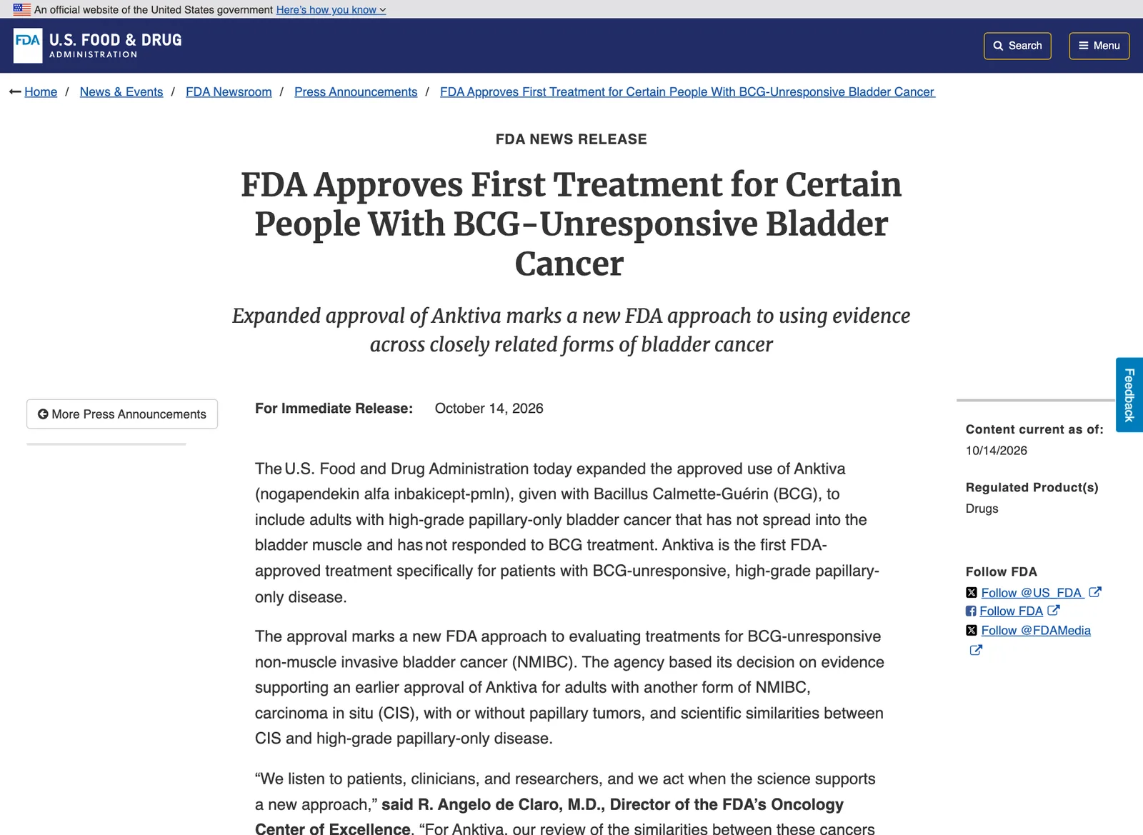 หน้าประกาศของ FDA ลงวันที่ 14 ตุลาคม 2026 FDA Approves First Treatment for Certain People With BCG-Unresponsive Bladder Cancer เรื่องการขยายข้อบ่งใช้ยา Anktiva