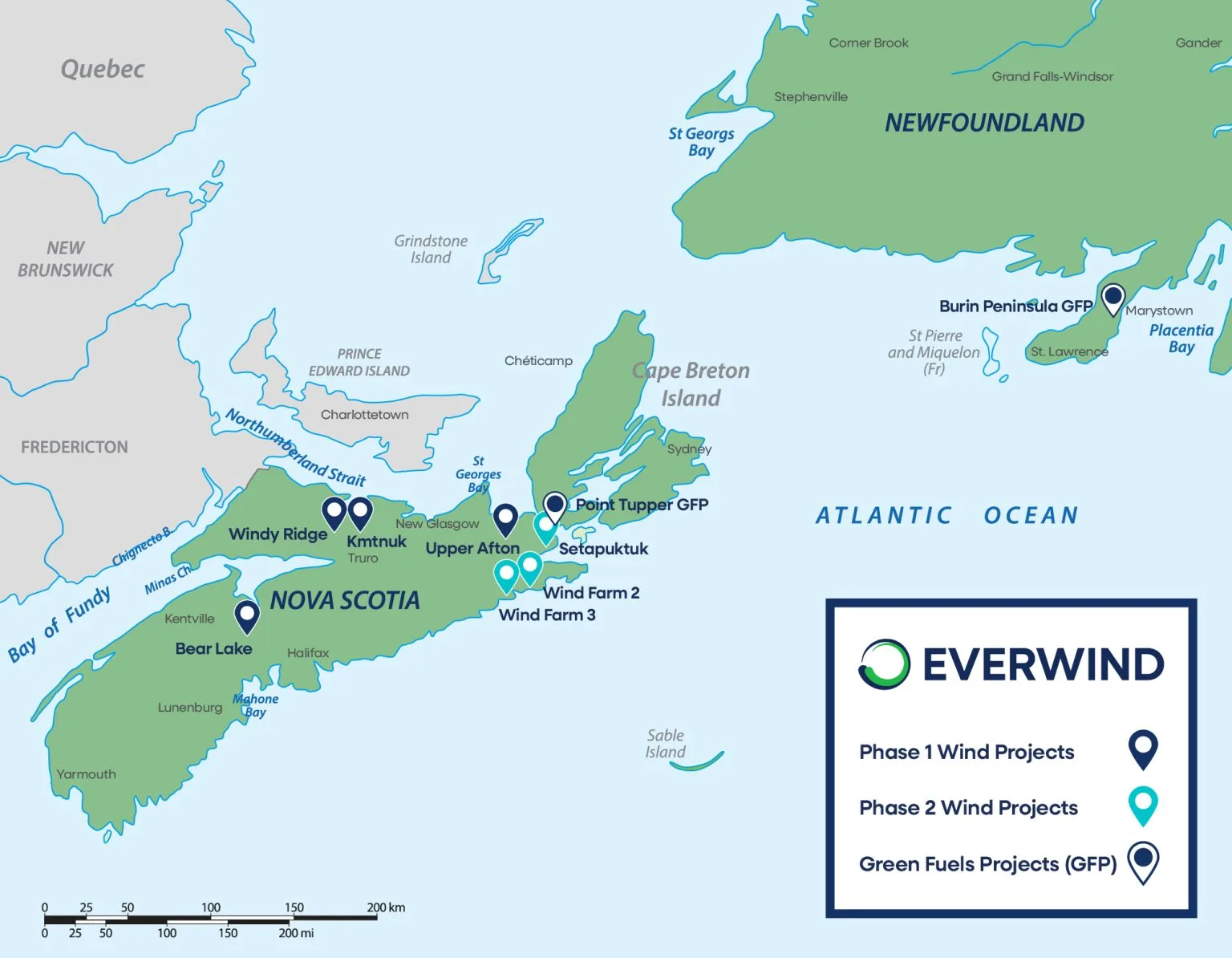 แผนที่โครงการของ EverWind ใน Nova Scotia และ Newfoundland แสดง Point Tupper กับฟาร์มกังหันลม Bear Lake, Windy Ridge, Kmtnuk และ Upper Afton