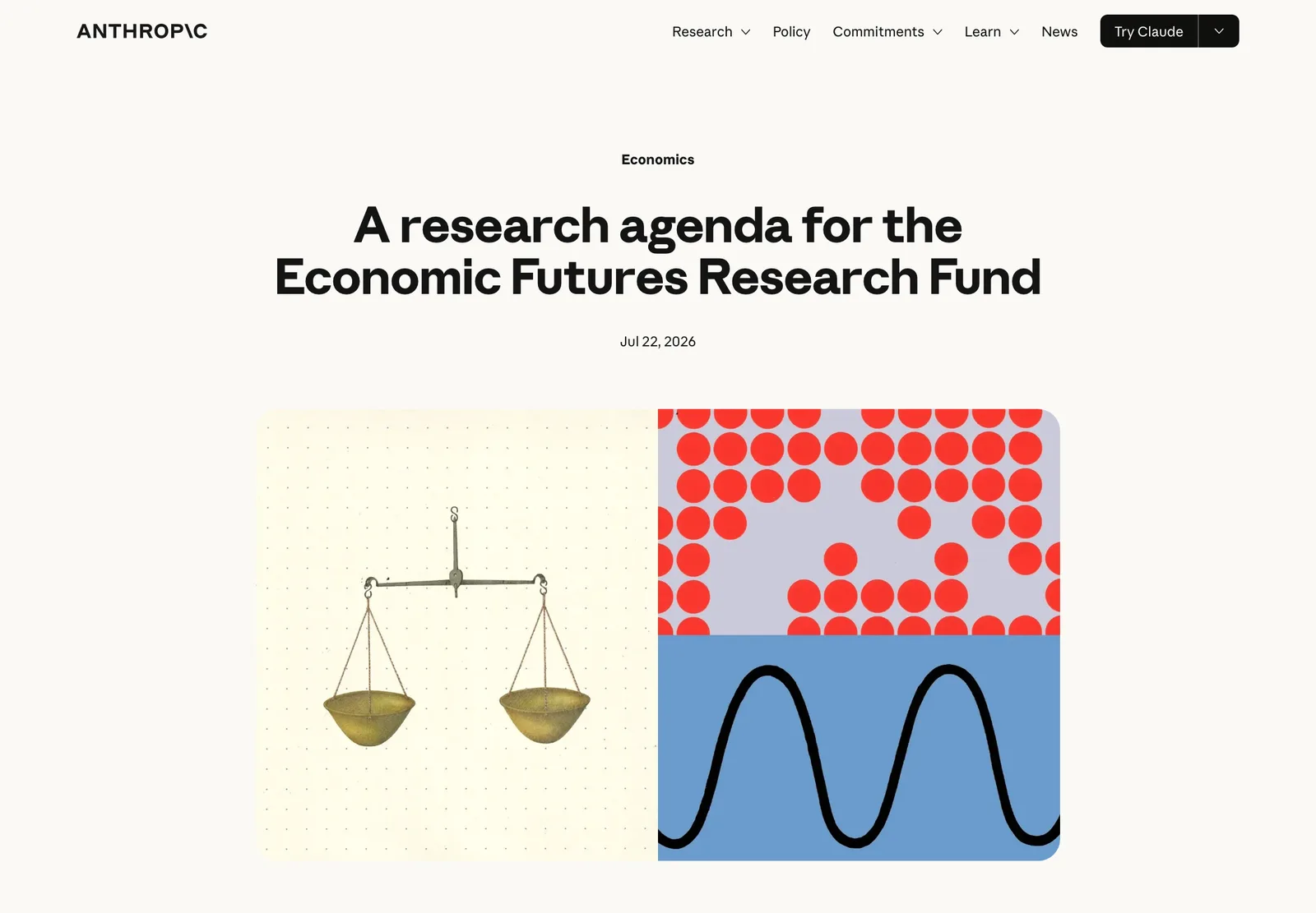 หน้า A research agenda for the Economic Futures Research Fund บนเว็บไซต์ Anthropic ลงวันที่ 22 กรกฎาคม 2026