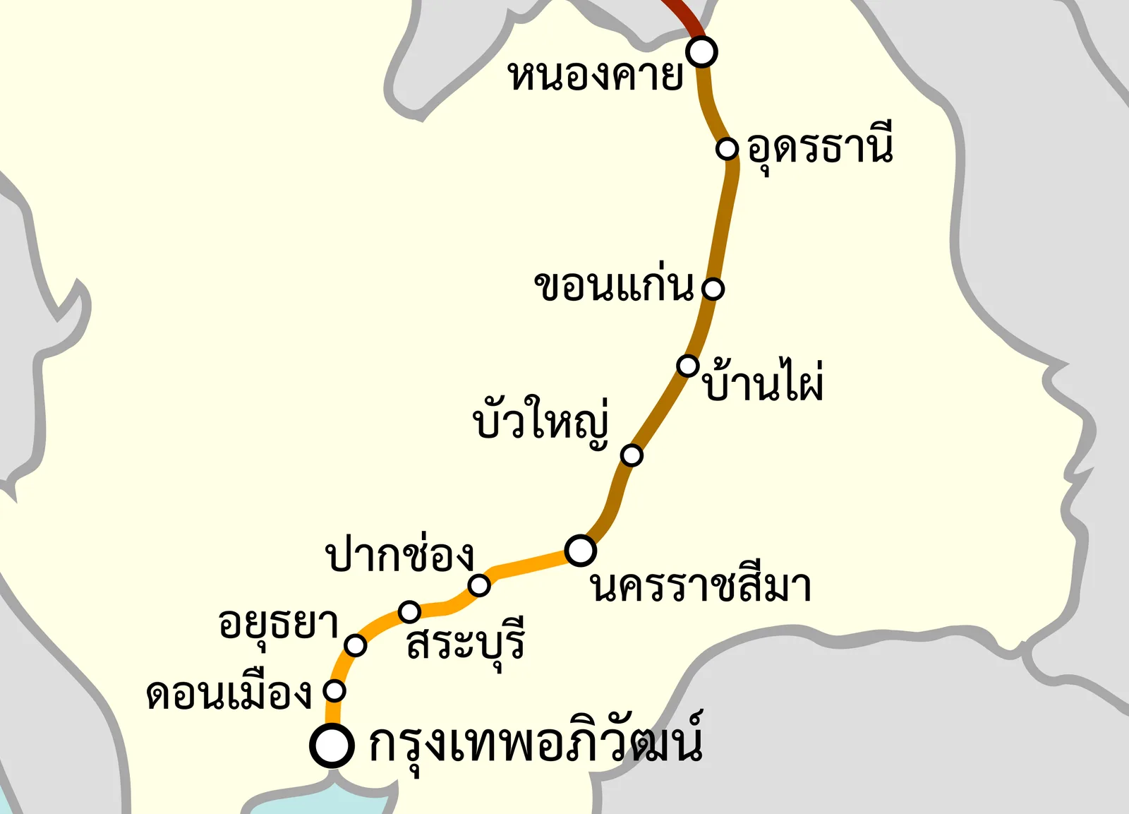 แผนที่แนวรถไฟความเร็วสูงไทย-จีนจากกรุงเทพอภิวัฒน์ผ่านปากช่องถึงนครราชสีมา และต่อไปถึงหนองคาย