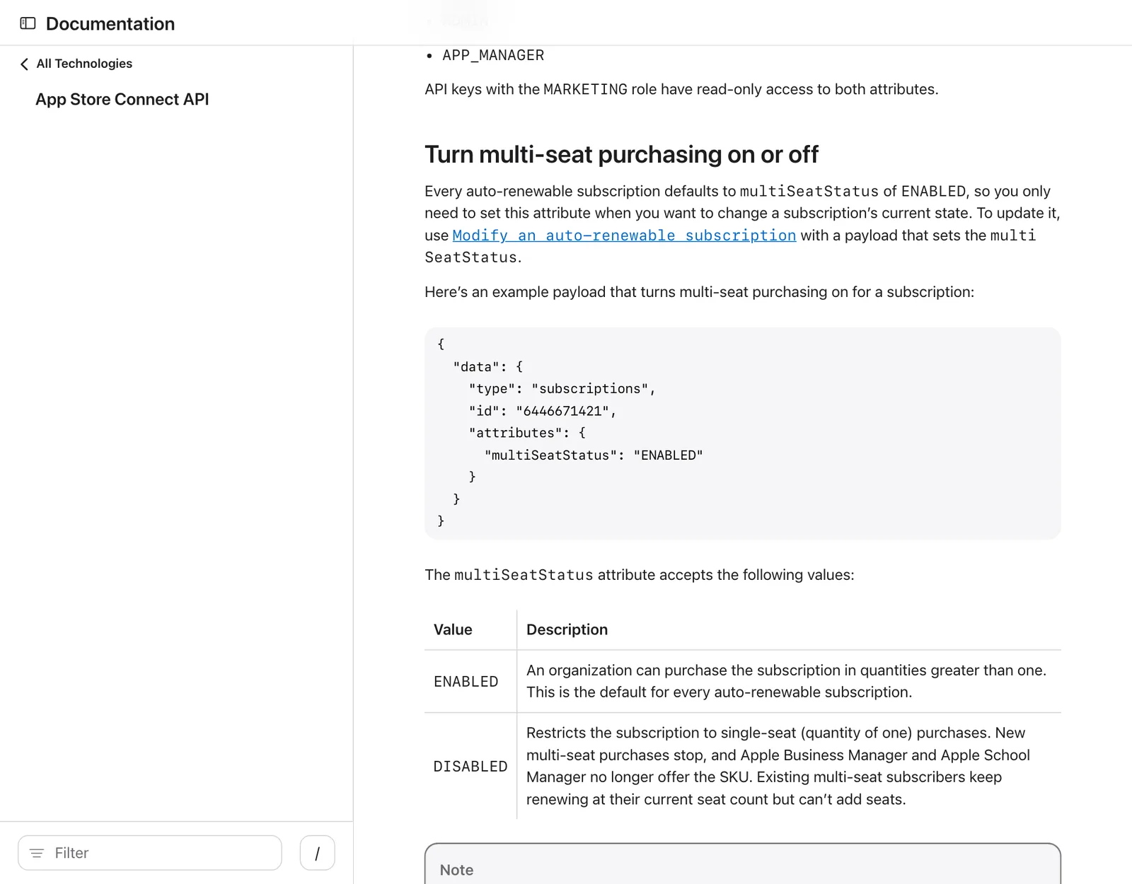 เอกสาร App Store Connect API แสดงค่า multiSeatStatus แบบ ENABLED ซึ่งเป็นค่าเริ่มต้น และ DISABLED ที่จำกัดการซื้อเหลือที่นั่งเดียว