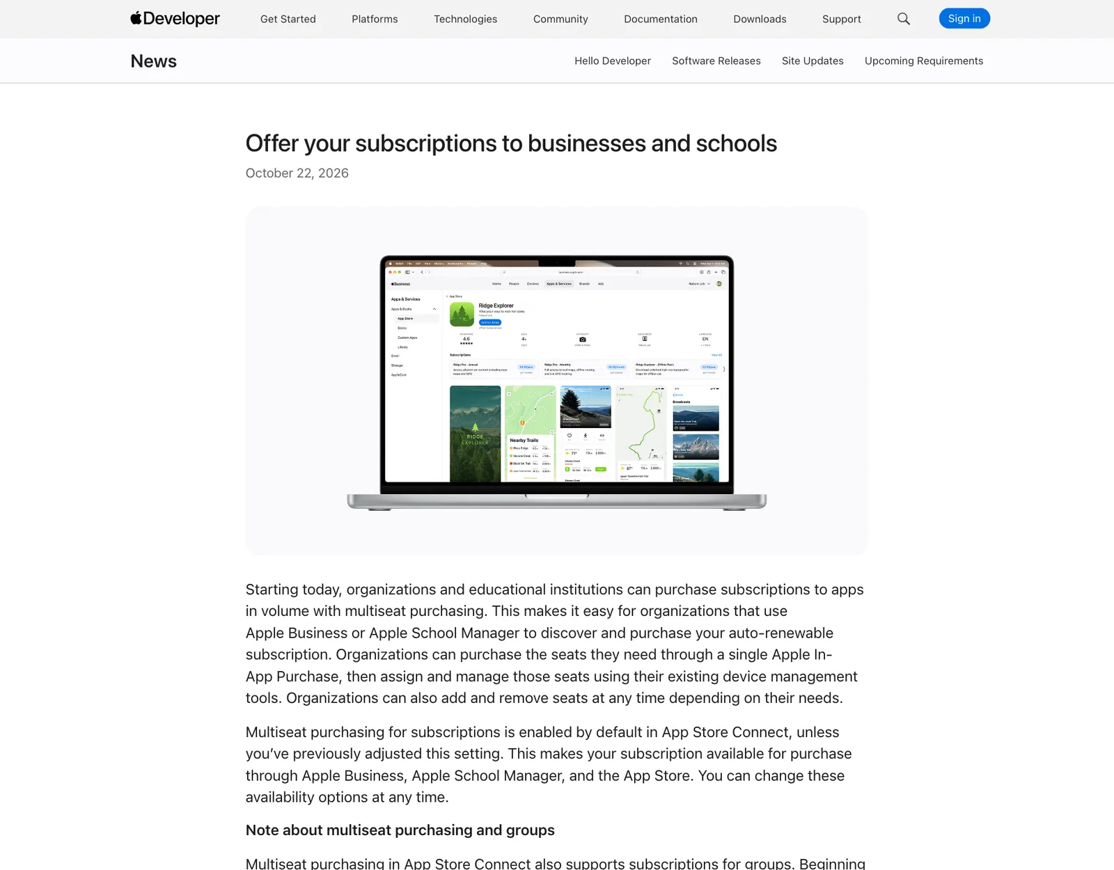 ประกาศ Apple Developer วันที่ 22 ตุลาคม 2026 เรื่อง Multiseat Purchasing ให้องค์กรและโรงเรียนซื้อ subscription แอปผ่าน Apple Business และ Apple School Manager