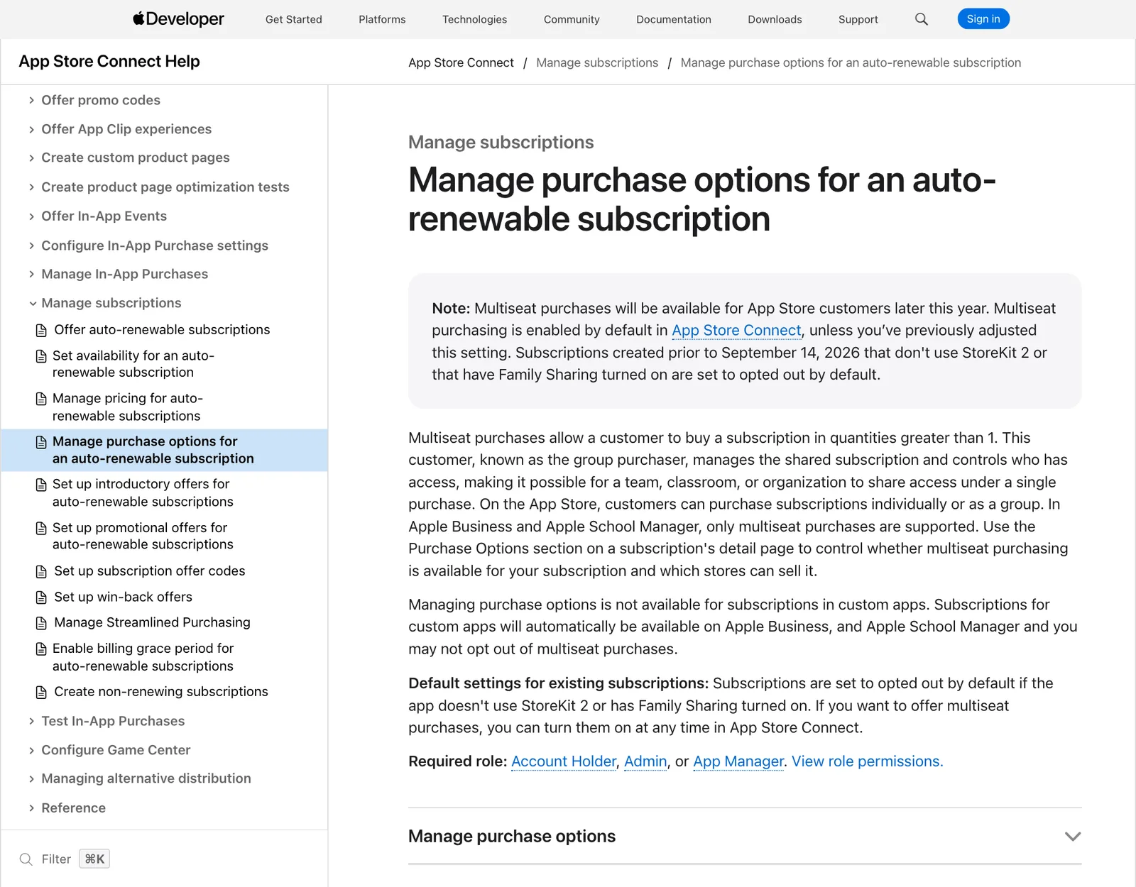 หน้าช่วยเหลือ App Store Connect เรื่อง Manage purchase options อธิบายค่าเริ่มต้นของ Multiseat Purchasing และกรณี subscription ที่สร้างก่อน 14 กันยายน 2026