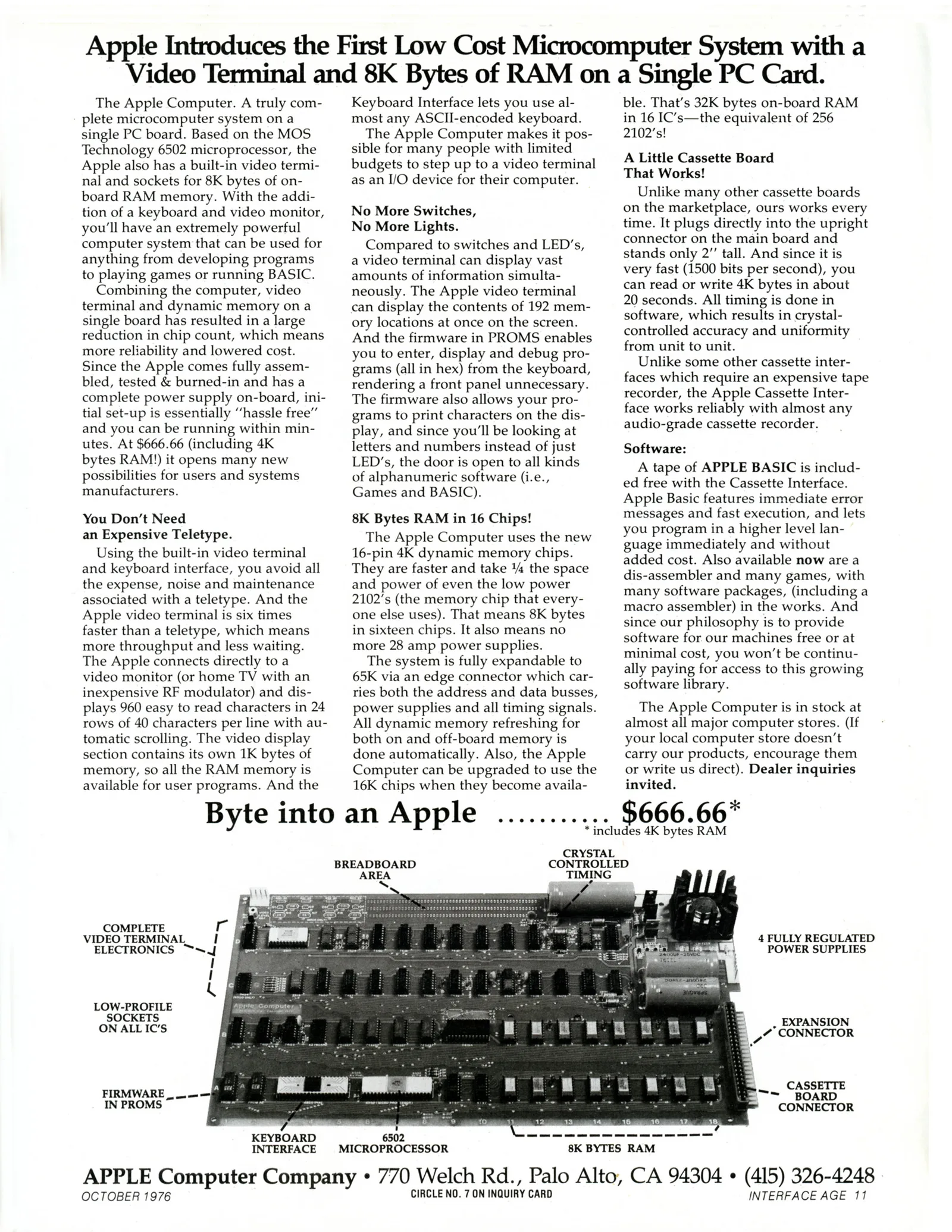 โฆษณา Apple-1 ในนิตยสาร Interface Age ตุลาคม 1976 พาดหัว Apple Introduces the First Low Cost Microcomputer System และข้อความ Byte into an Apple ราคา 666.66 ดอลลาร์