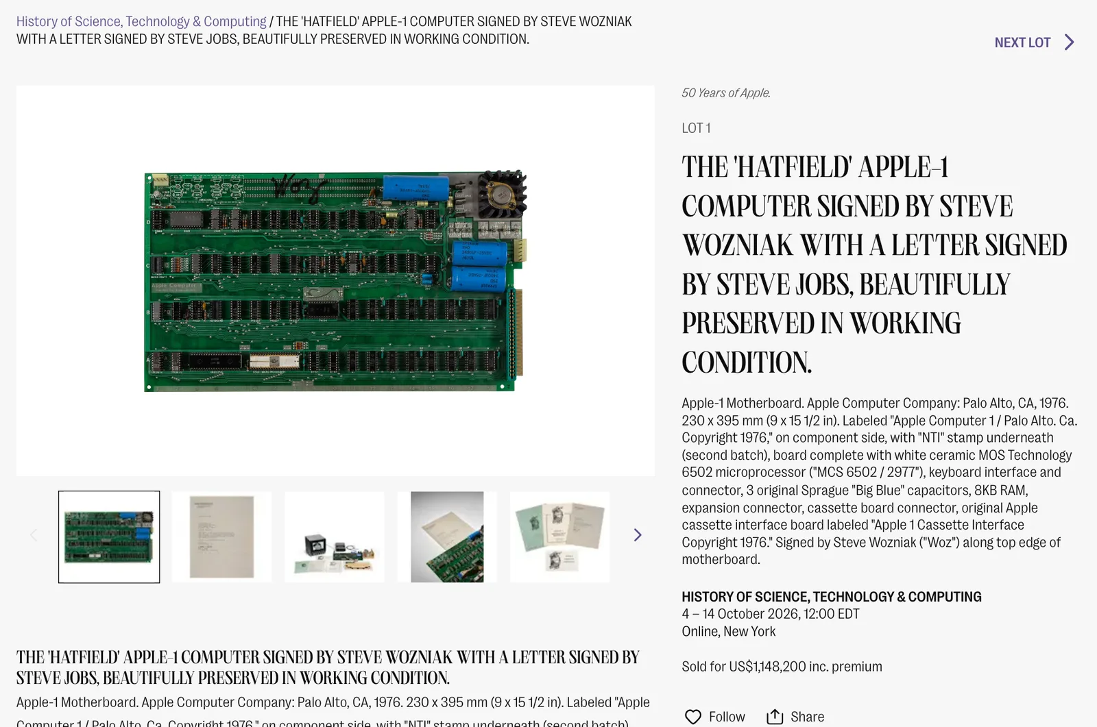 หน้าเว็บ Bonhams ล็อตที่ 1 THE HATFIELD APPLE-1 COMPUTER การประมูล History of Science, Technology & Computing 4–14 ตุลาคม 2026 ระบุ Sold for US$1,148,200 inc. premium