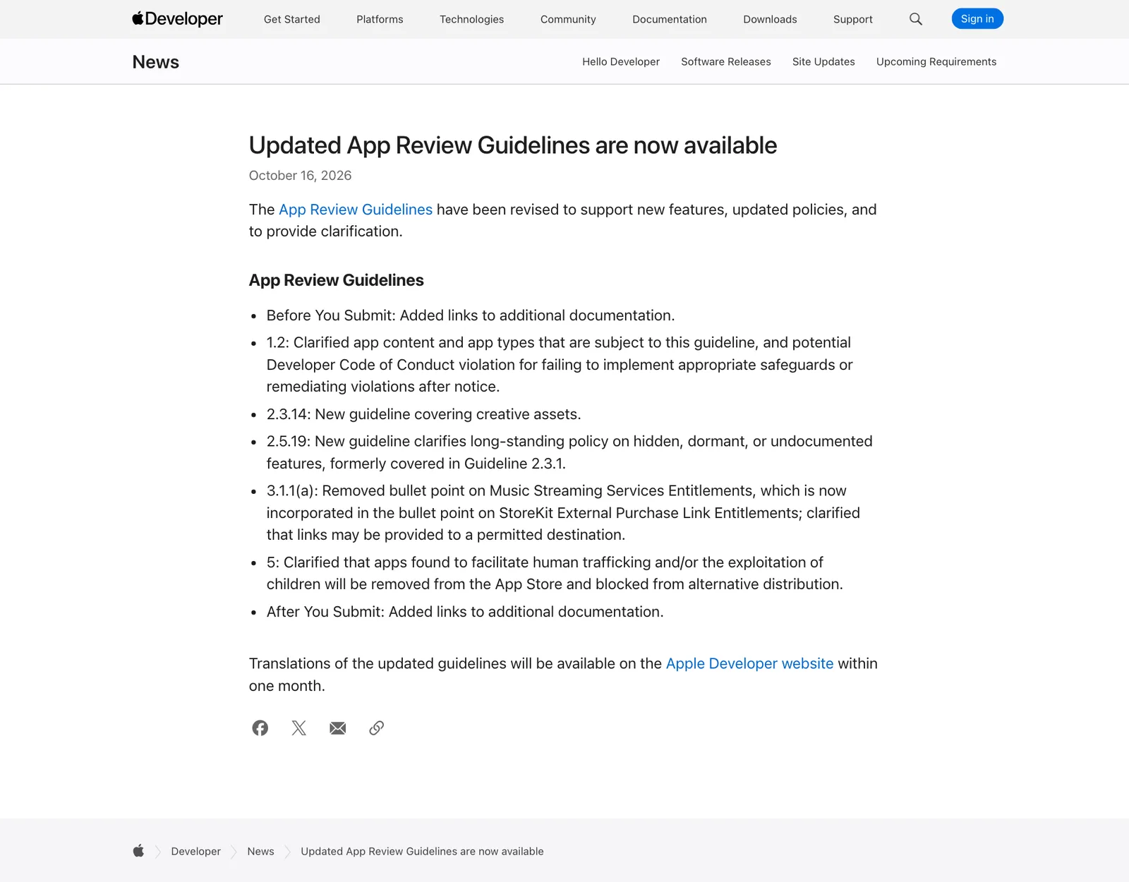หน้า Updated App Review Guidelines are now available ของ Apple Developer วันที่ 16 ตุลาคม 2026 ระบุการแก้ข้อ 1.2, 2.3.14, 2.5.19, 3.1.1(a) และหมวด 5