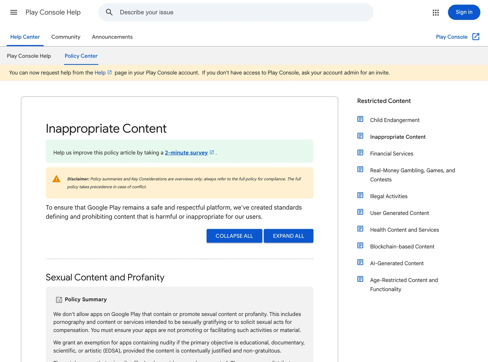 หน้านโยบาย Inappropriate Content ของ Google Play ส่วน Sexual Content and Profanity ที่ไม่อนุญาตแอปที่มีหรือส่งเสริมเนื้อหาทางเพศ