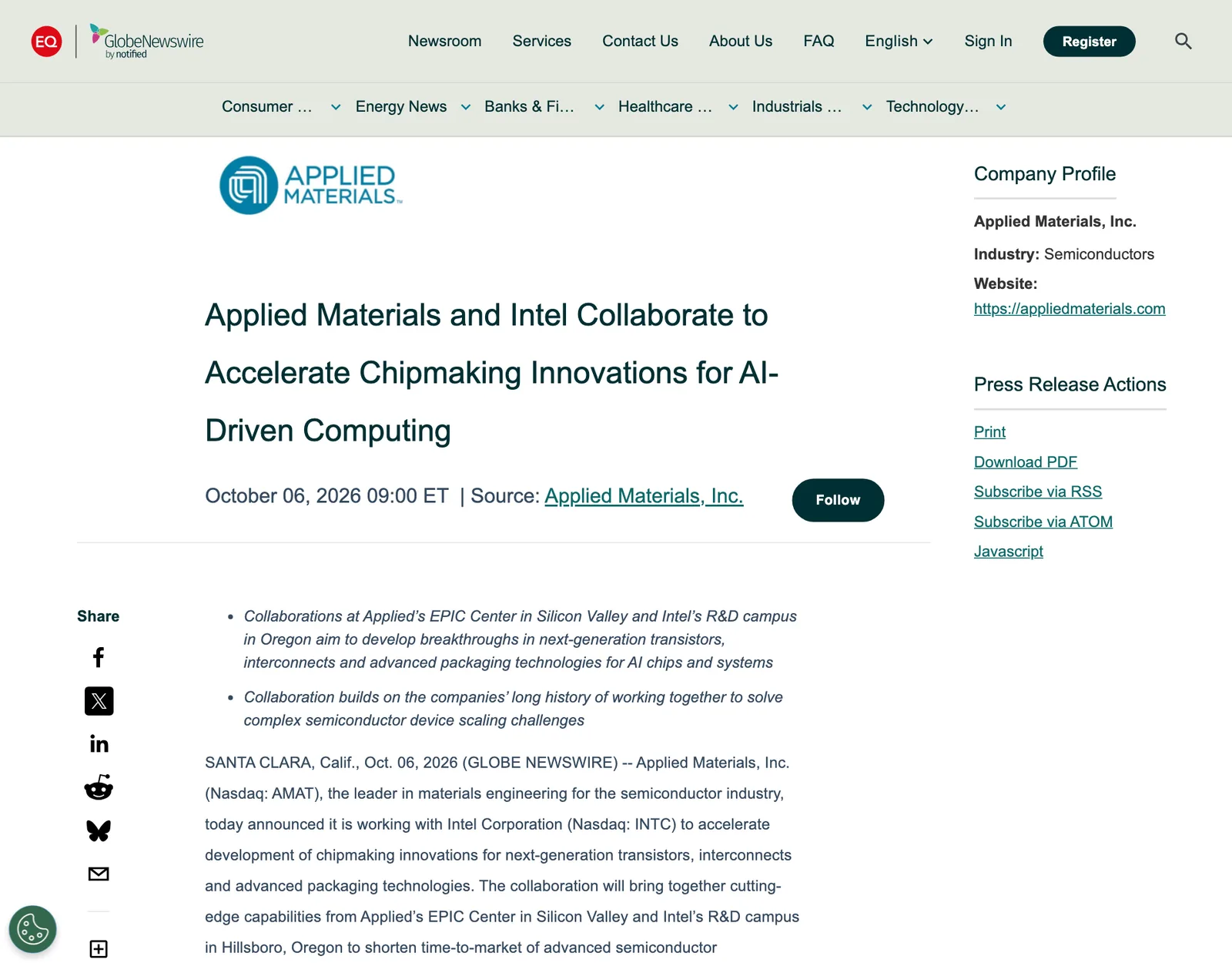 ประกาศของ Applied Materials หัวข้อ Applied Materials and Intel Collaborate to Accelerate Chipmaking Innovations for AI-Driven Computing ลงวันที่ 6 ตุลาคม 2026 บน GlobeNewswire