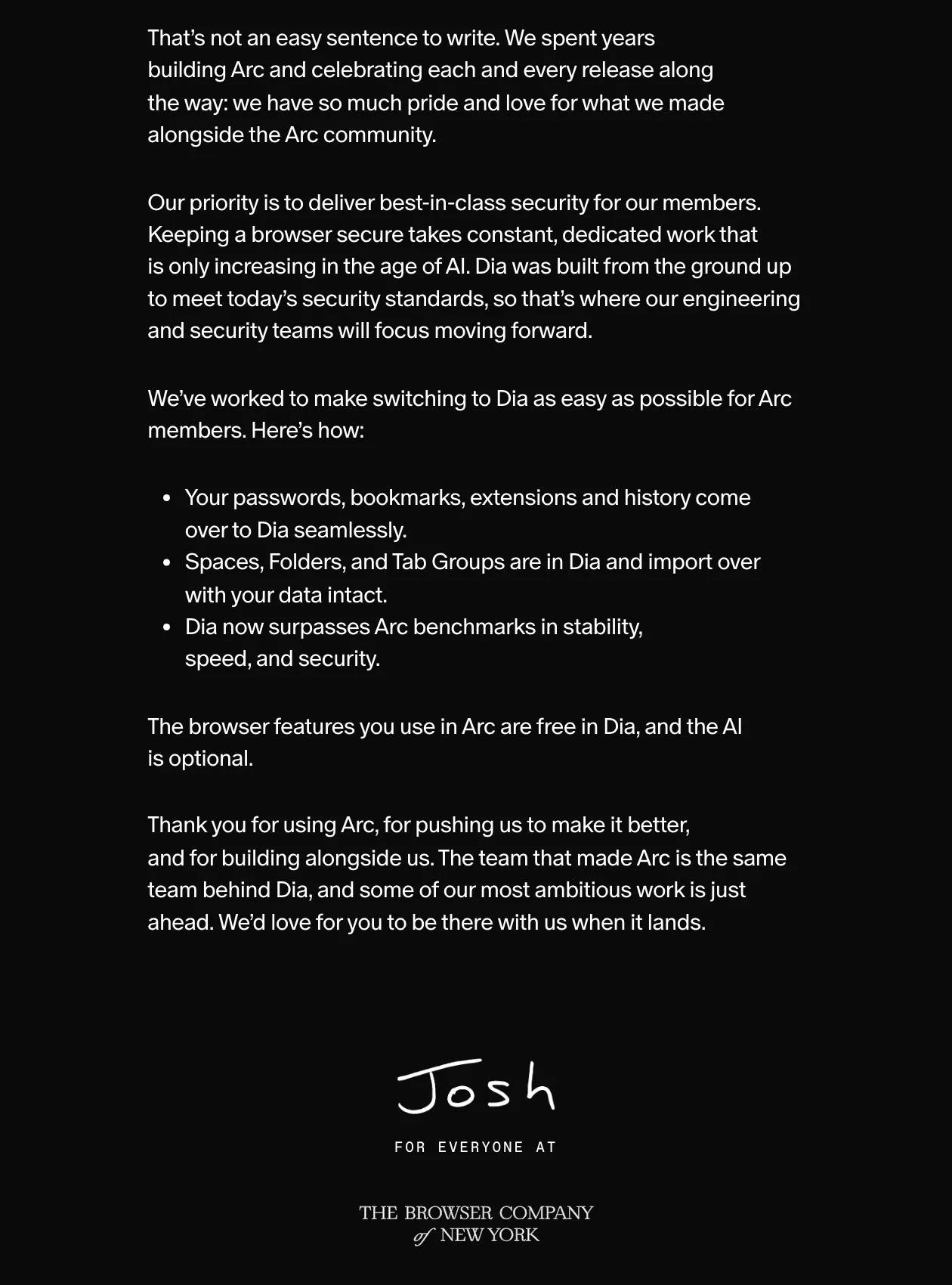 จดหมายลงชื่อ Josh ในนาม The Browser Company อธิบายเหตุผลด้านความปลอดภัยและสิ่งที่ย้ายจาก Arc ไป Dia ได้