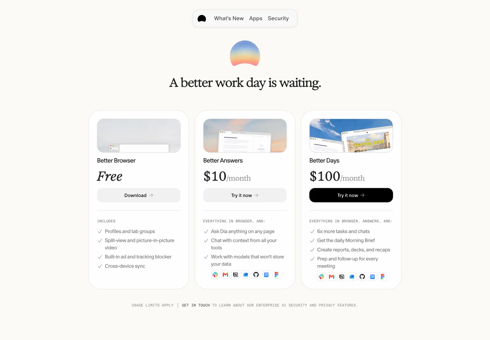 หน้า Plans ของเบราว์เซอร์ Dia แสดงแผน Better Browser ฟรี Better Answers 10 ดอลลาร์ต่อเดือน และ Better Days 100 ดอลลาร์ต่อเดือน
