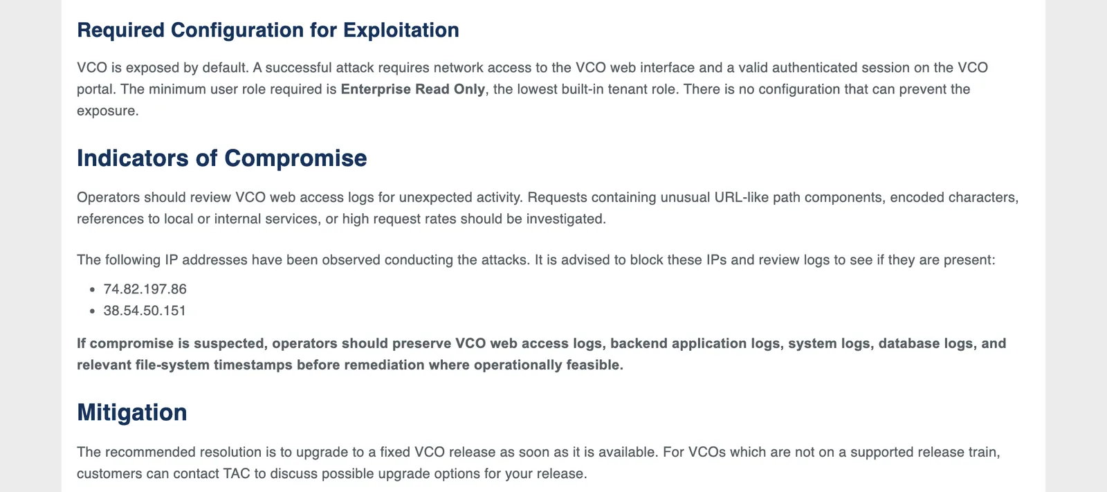 ส่วน Required Configuration for Exploitation และ Indicators of Compromise ในประกาศ Arista 0199 ระบุบทบาทขั้นต่ำ Enterprise Read Only และ IP ที่ใช้โจมตี 74.82.197.86 กับ 38.54.50.151
