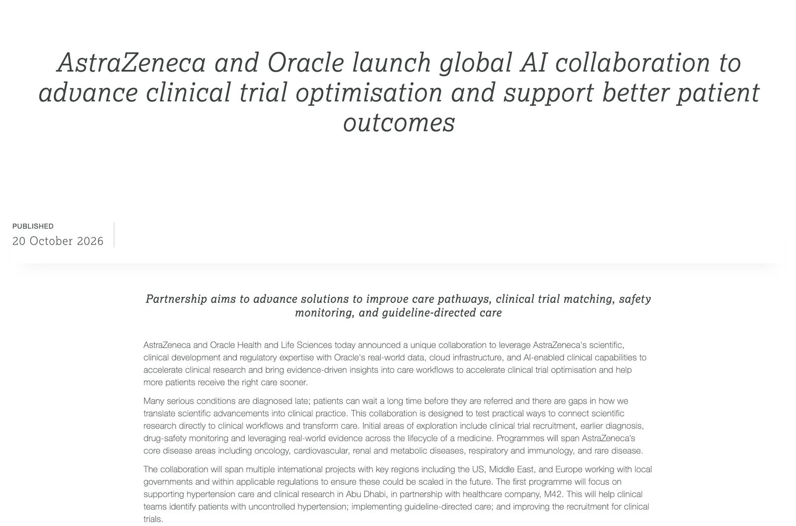 หน้าประกาศ AstraZeneca Oracle AI บนเว็บไซต์ AstraZeneca ลงวันที่ 20 ตุลาคม 2026 เรื่องความร่วมมือด้าน AI เพื่อการทดลองทางคลินิก