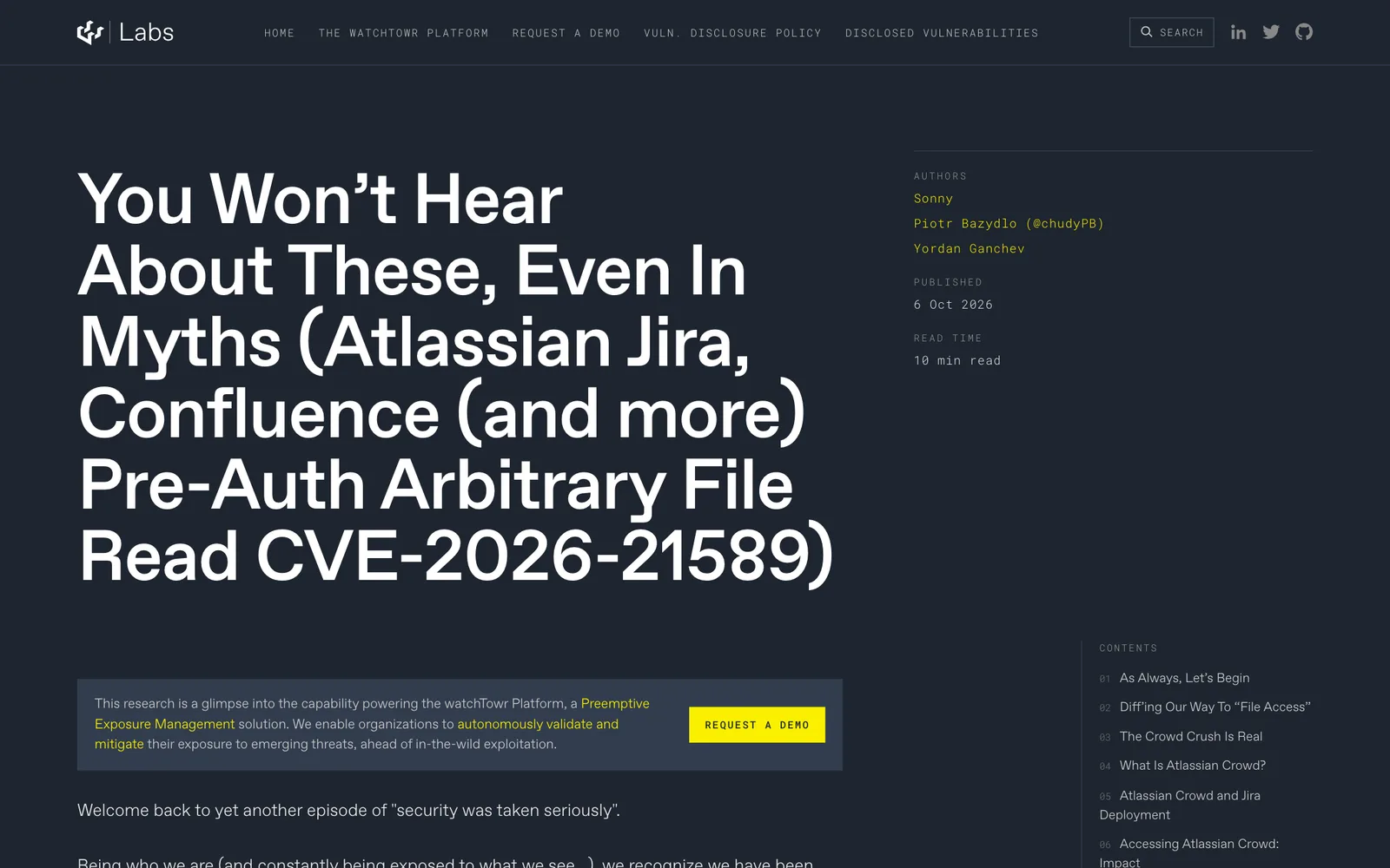หน้าบทวิเคราะห์ช่องโหว่อ่านไฟล์โดยไม่ต้องล็อกอิน CVE-2026-21589 ใน Atlassian Jira และ Confluence ของ watchTowr Labs เผยแพร่ 6 ตุลาคม 2026
