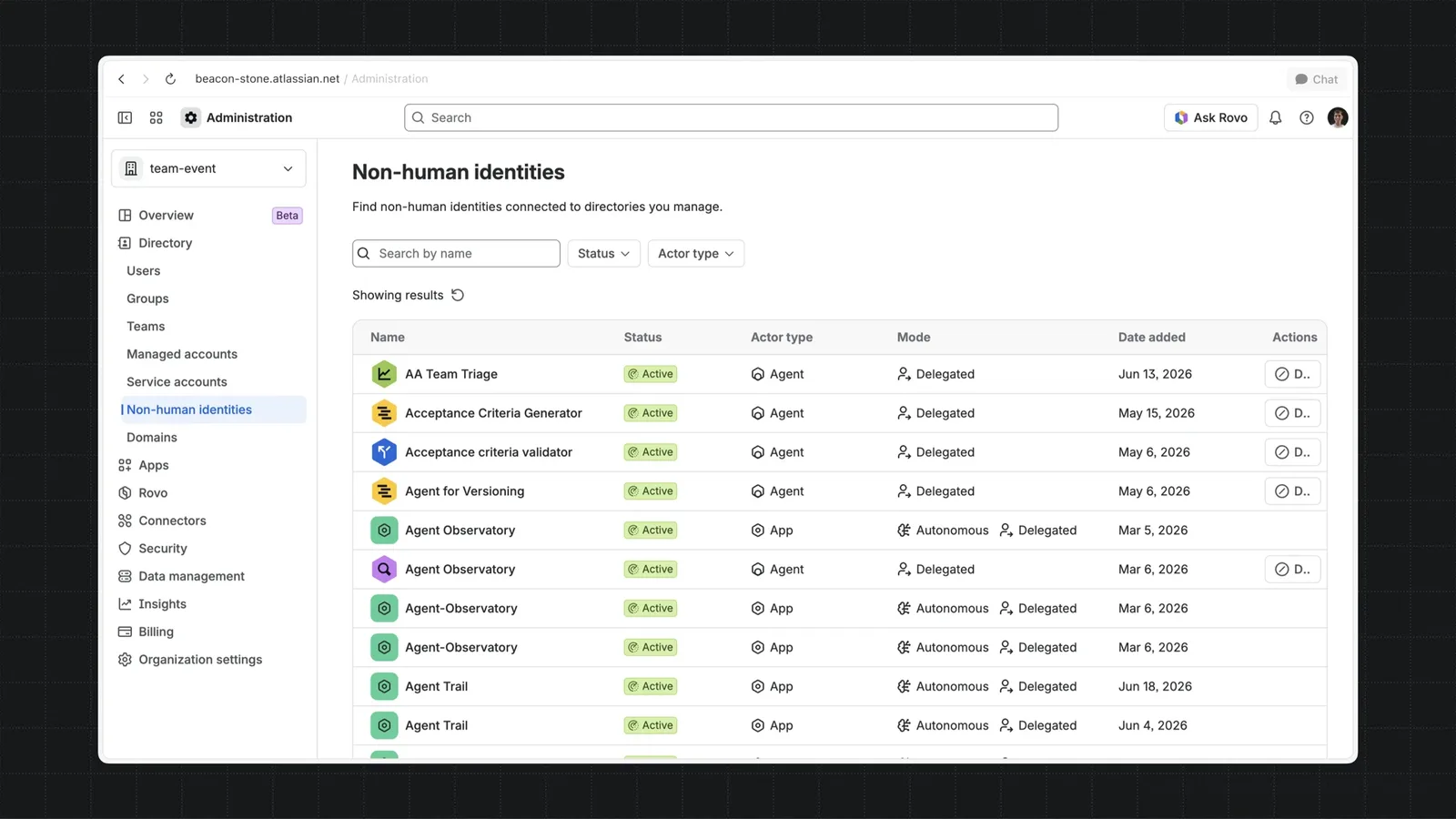 หน้า Non-human identities ใน Atlassian Administration แสดงรายชื่อ AI Agent และแอปพร้อมสถานะ ประเภท และโหมด Delegated หรือ Autonomous