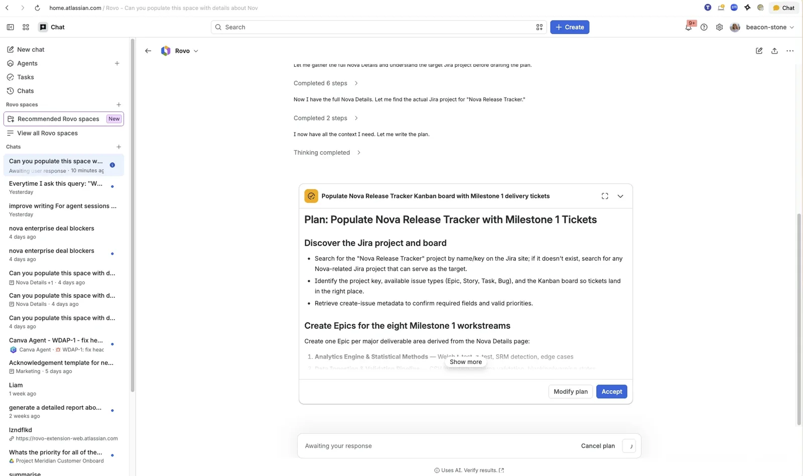 หน้าจอ Rovo ใน Atlassian เสนอแผนสร้าง Epic ใน Jira พร้อมปุ่ม Modify plan และ Accept ให้ผู้ใช้อนุมัติก่อนลงมือ