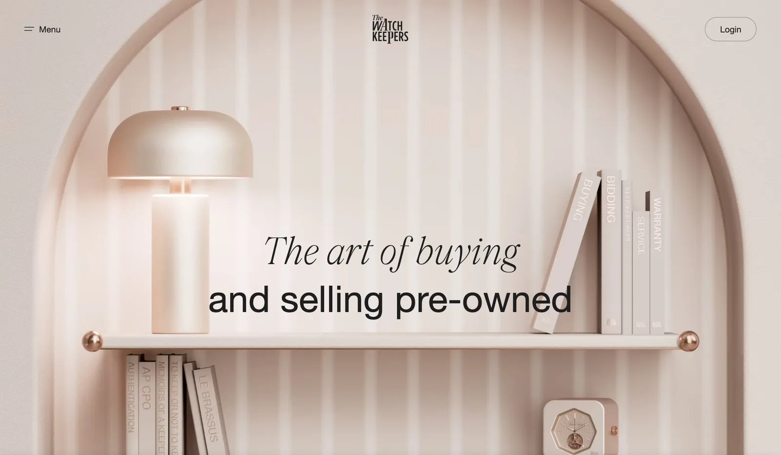 หน้าคู่มือการขายของ The Watch Keepers หัวข้อ The art of buying and selling pre-owned พร้อมชั้นหนังสือ Buying Bidding Service Warranty