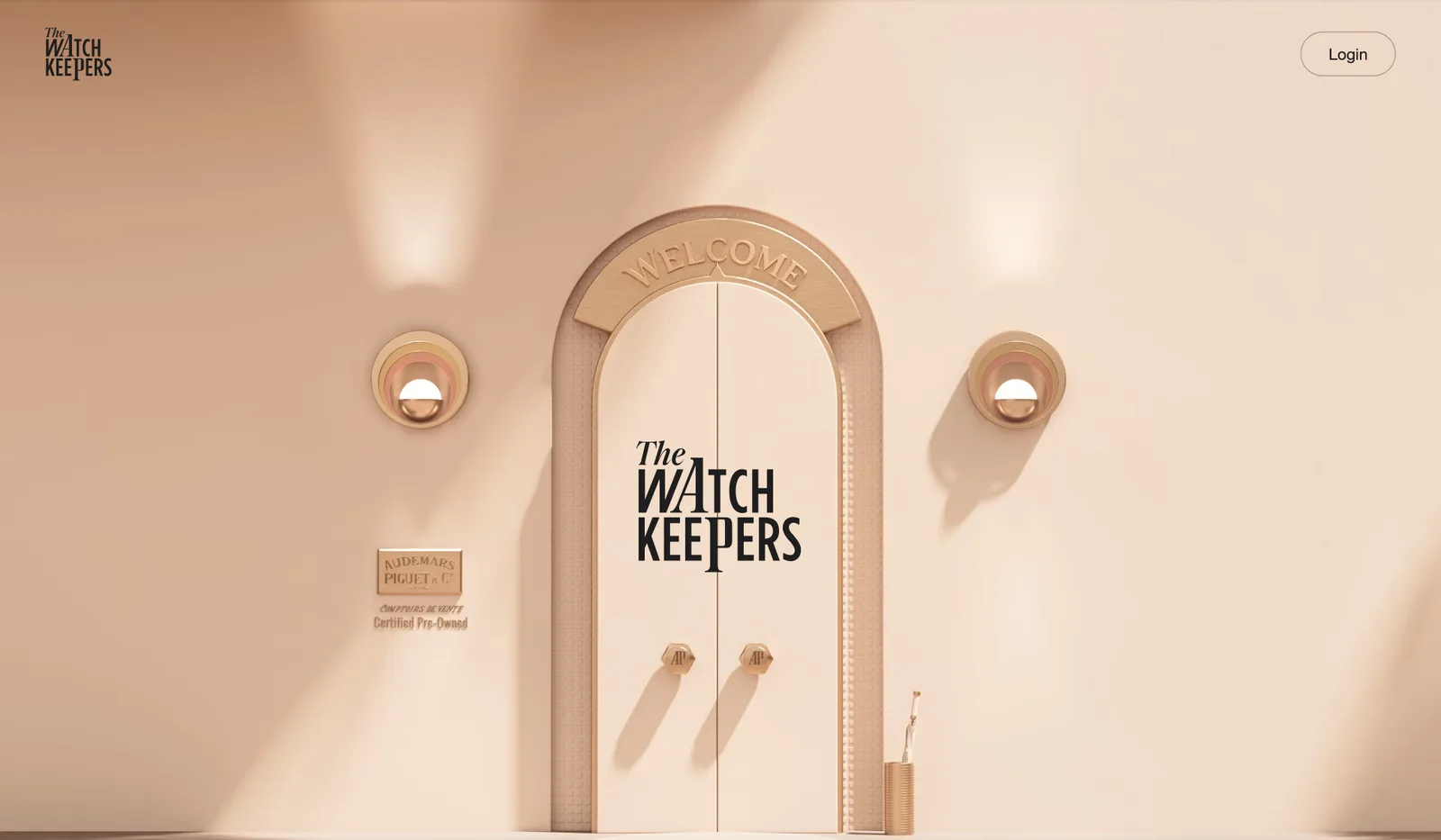 หน้าแรกของ The Watch Keepers แพลตฟอร์ม Audemars Piguet Certified Pre-Owned ประตูทางเข้าพร้อมป้าย Audemars Piguet & Cie Certified Pre-Owned