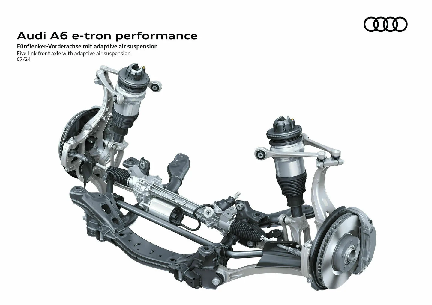ภาพประกอบช่วงล่างหน้าแบบห้าข้อต่อพร้อมถุงลมปรับได้ของ Audi A6 e-tron performance