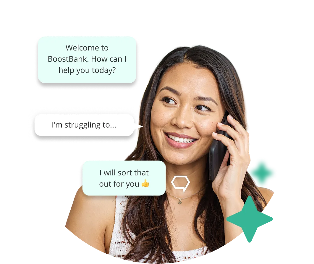 ภาพประกอบ Voice AI ของ Boost.ai ผู้หญิงคุยโทรศัพท์กับบอตที่ตอบว่า Welcome to BoostBank How can I help you today