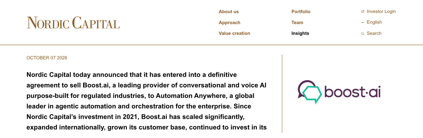 ภาพหน้าจอประกาศของ Nordic Capital ลงวันที่ 7 ตุลาคม 2026 ว่าได้ลงนามข้อตกลงขาย Boost.ai ให้ Automation Anywhere