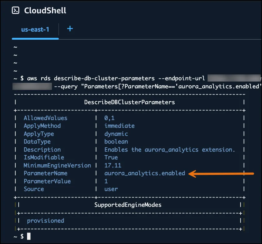 ภาพหน้าจอ AWS CloudShell แสดงพารามิเตอร์ aurora_analytics.enabled ของคลัสเตอร์ Aurora PostgreSQL ซึ่งต้องใช้เอนจินเวอร์ชัน 17.11 ขึ้นไป
