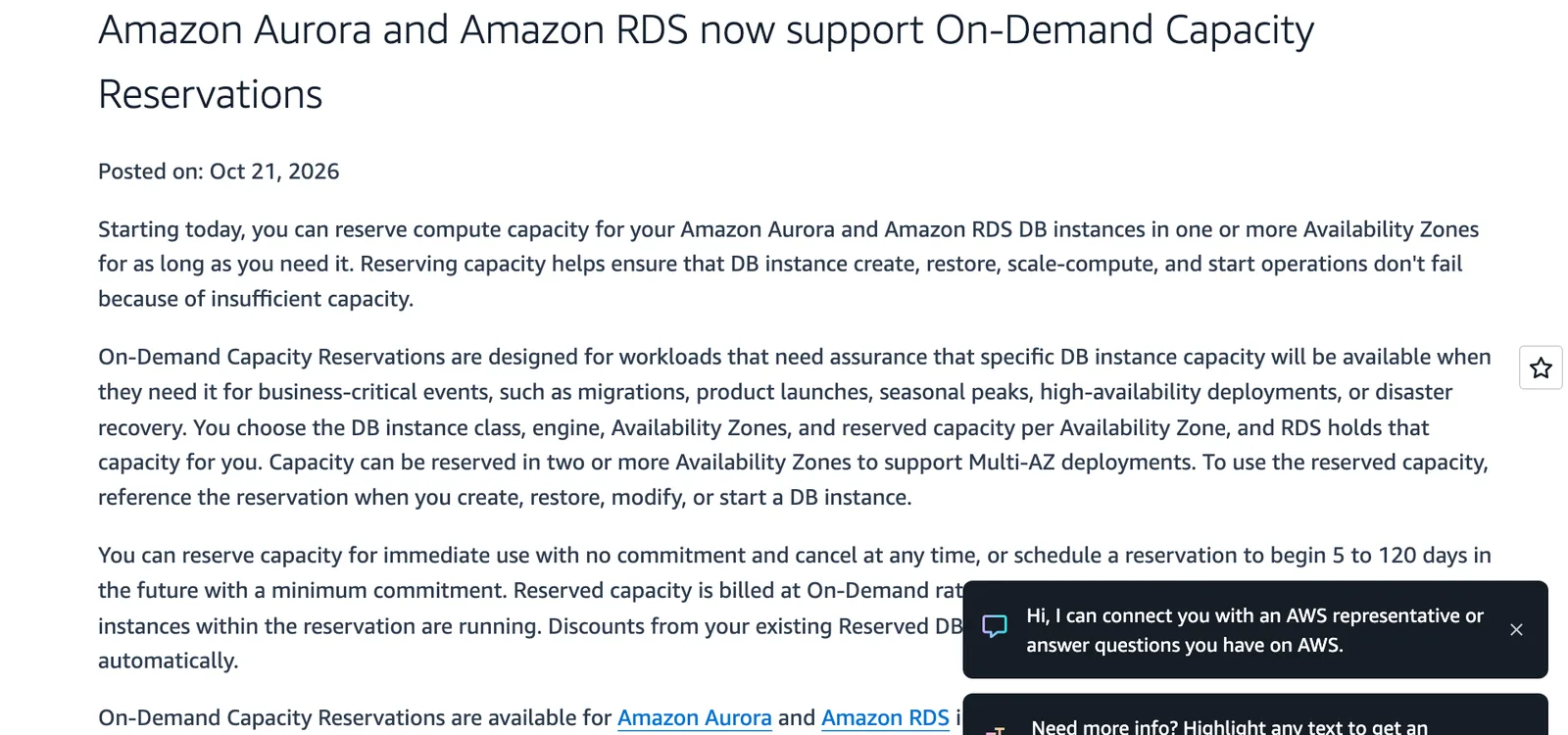 ภาพหน้าจอประกาศ RDS Capacity Reservations บนหน้า What's New ของ AWS ลงวันที่ 21 ตุลาคม 2026