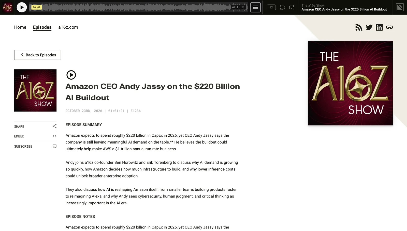 หน้าพอดแคสต์ The a16z Show ตอน Amazon CEO Andy Jassy on the $220 Billion AI Buildout ที่ Jassy พูดถึง AWS capacity 2027 เผยแพร่ 23 ตุลาคม 2026 ความยาว 1 ชั่วโมง 1 นาที