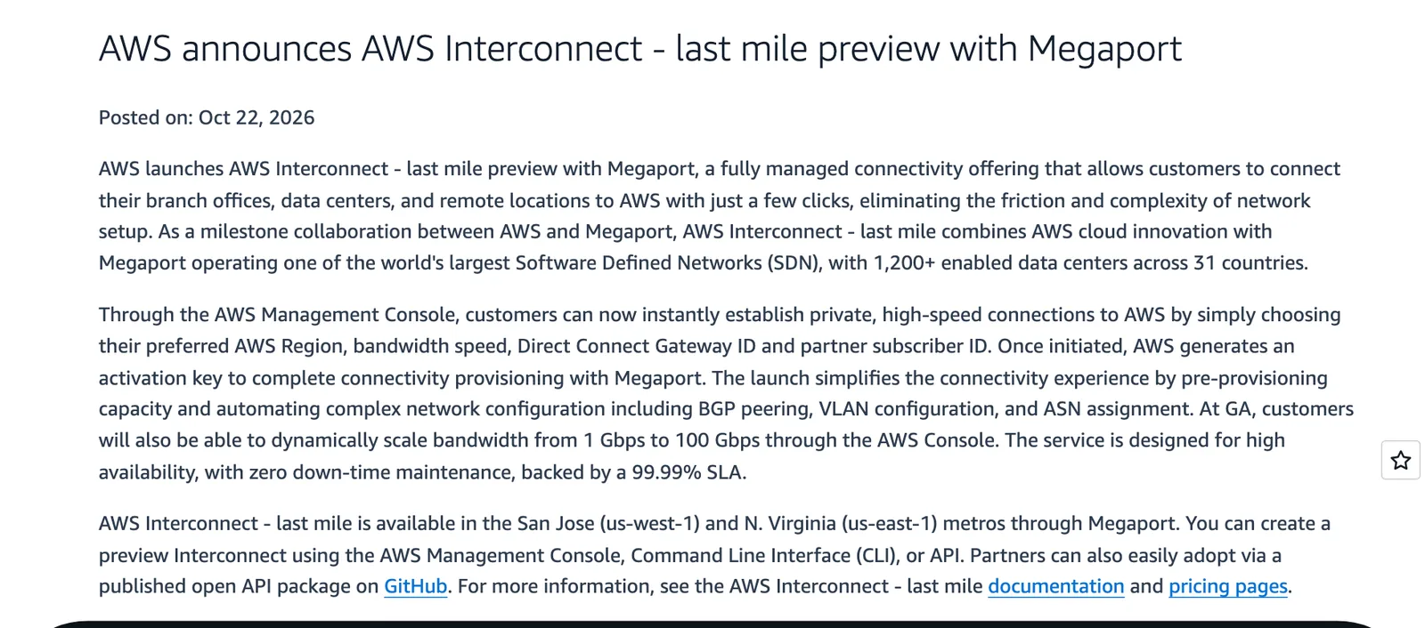 ประกาศ AWS Interconnect - last mile preview with Megaport ลงวันที่ 22 ตุลาคม 2026 ระบุเมือง San Jose (us-west-1) และ N. Virginia (us-east-1)