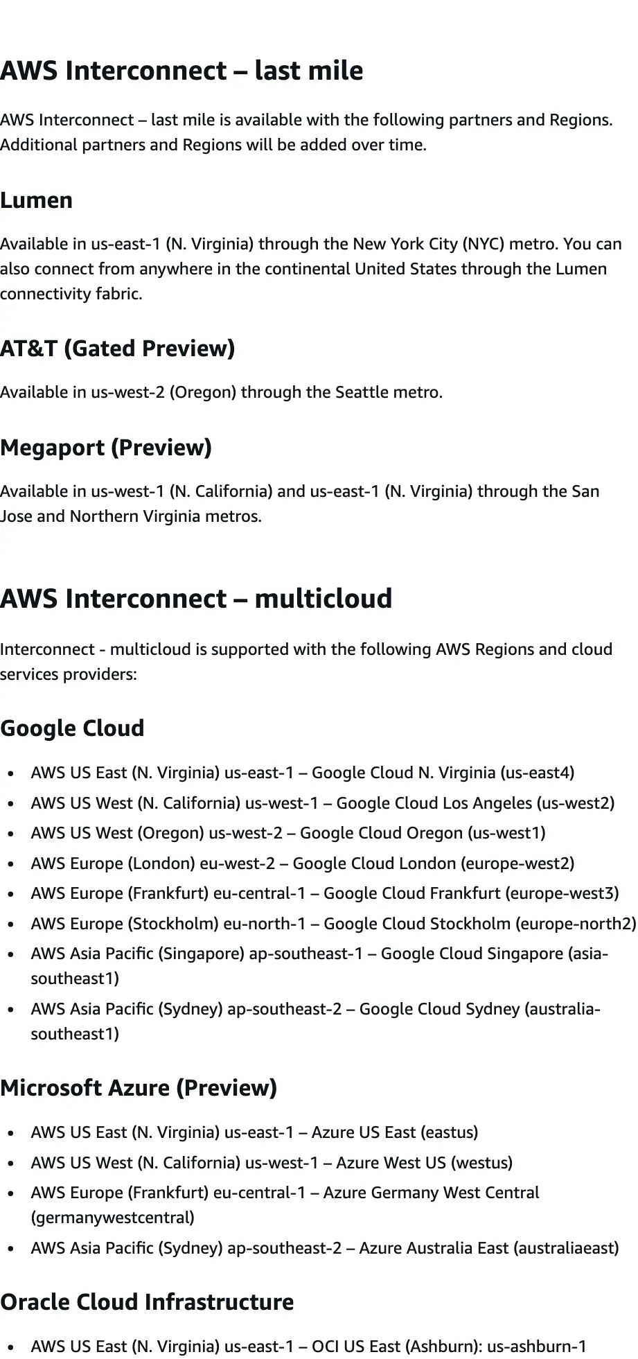 หน้า Regional Availability ของ AWS Interconnect: last mile มี Lumen, AT&T (Gated Preview) และ Megaport (Preview) ส่วน multicloud มี Google Cloud, Microsoft Azure และ OCI