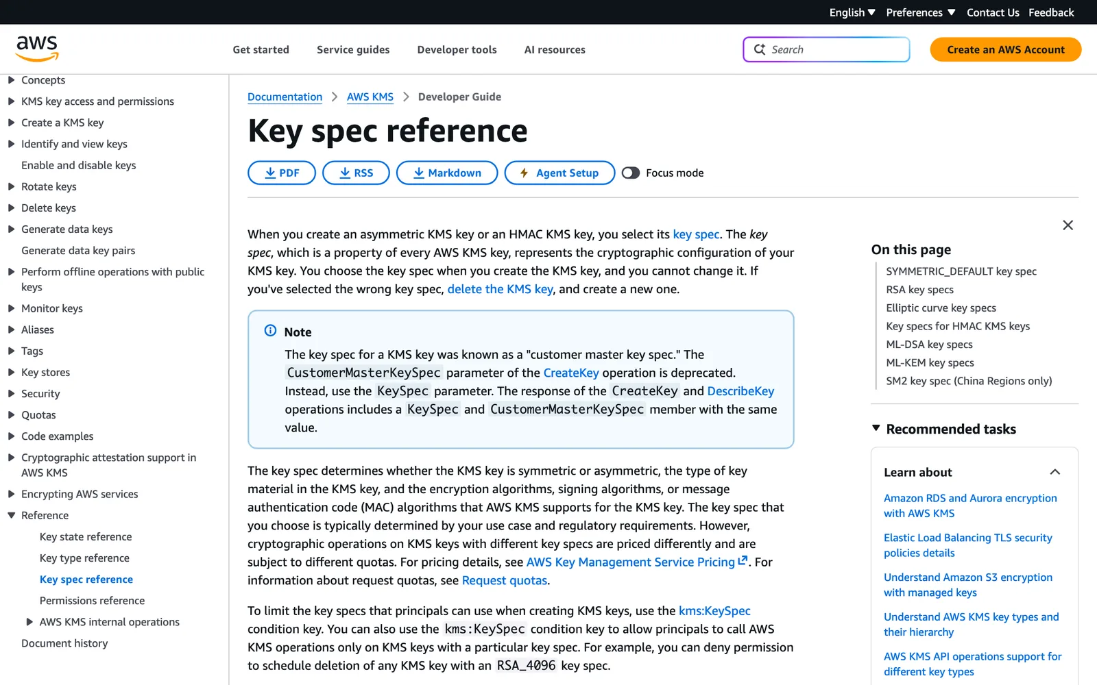 หน้าเอกสาร Key spec reference ใน AWS KMS Developer Guide ซึ่งมีหัวข้อ ML-KEM key specs และ ML-DSA key specs สำหรับ AWS KMS ML-KEM