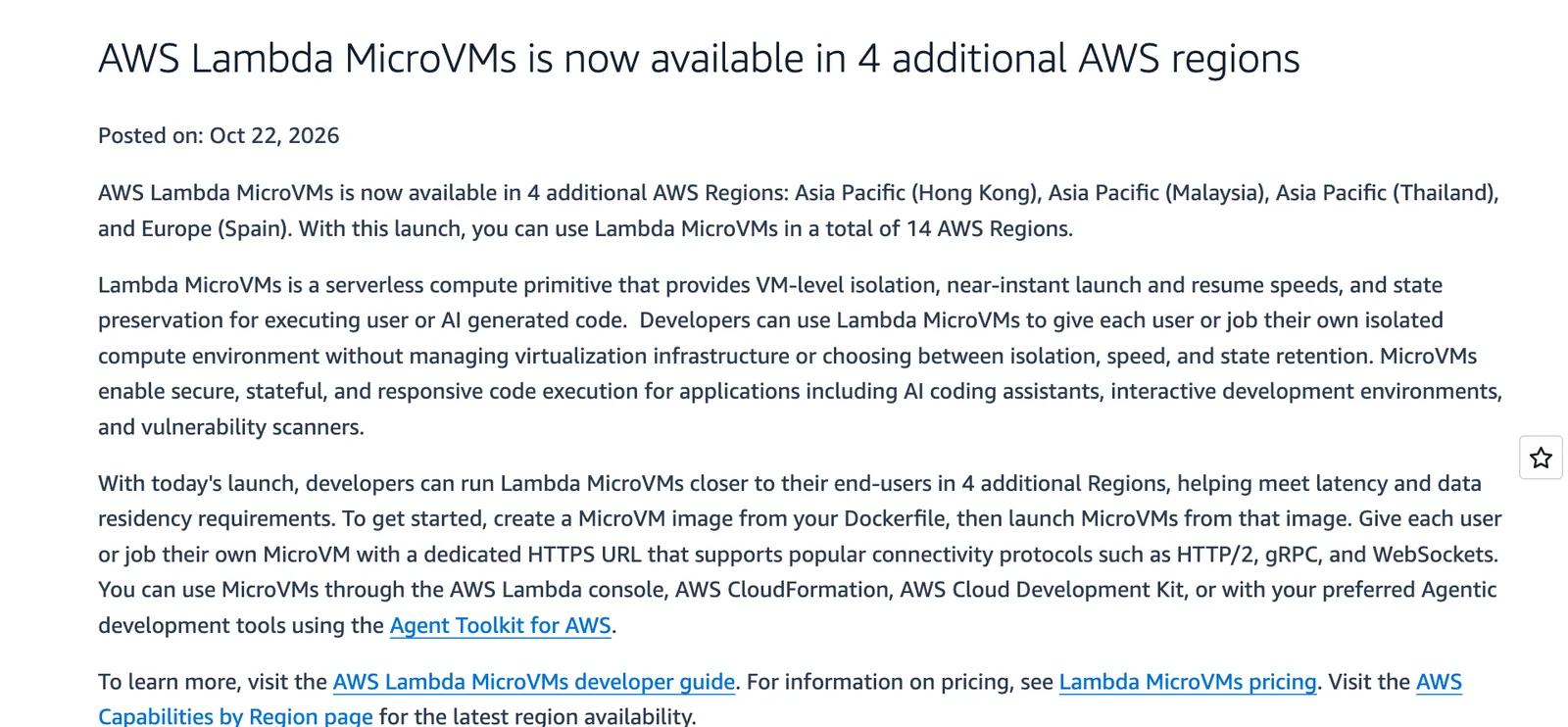 ประกาศ AWS What's New วันที่ 22 ตุลาคม 2026 ว่า Lambda MicroVMs เปิดเพิ่ม 4 Region รวม Asia Pacific (Thailand) ทำให้มี Lambda MicroVMs Region ไทยใช้แล้ว