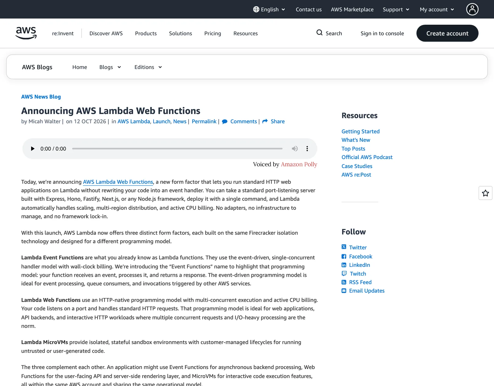 ภาพหน้าจอประกาศ Announcing AWS Lambda Web Functions บน AWS News Blog วันที่ 12 ตุลาคม 2026 อธิบาย Lambda Event Functions, Lambda Web Functions และ Lambda MicroVMs