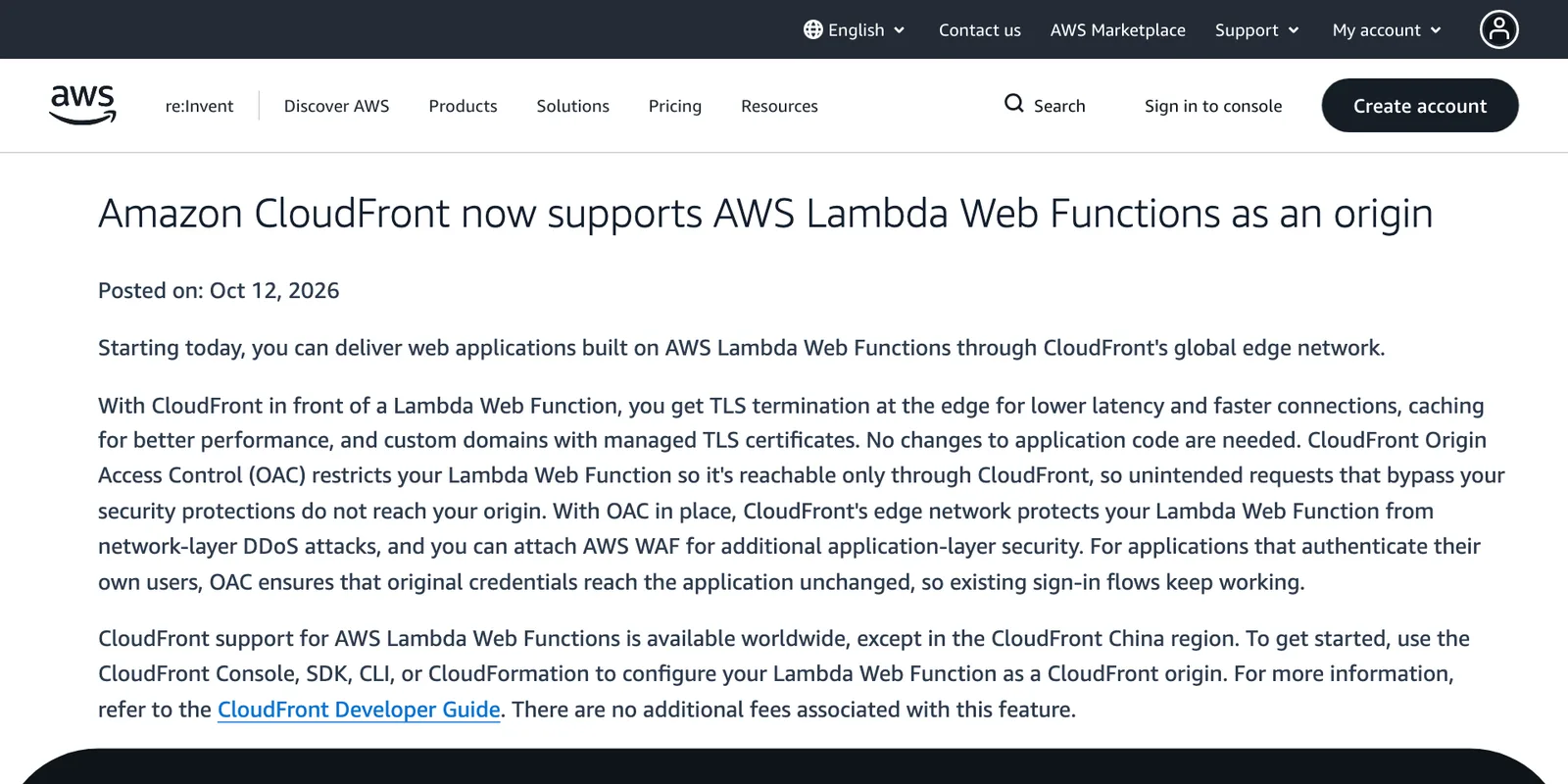 ภาพหน้าจอประกาศ Amazon CloudFront รองรับ AWS Lambda Web Functions เป็น origin วันที่ 12 ตุลาคม 2026 พร้อม Origin Access Control และ AWS WAF
