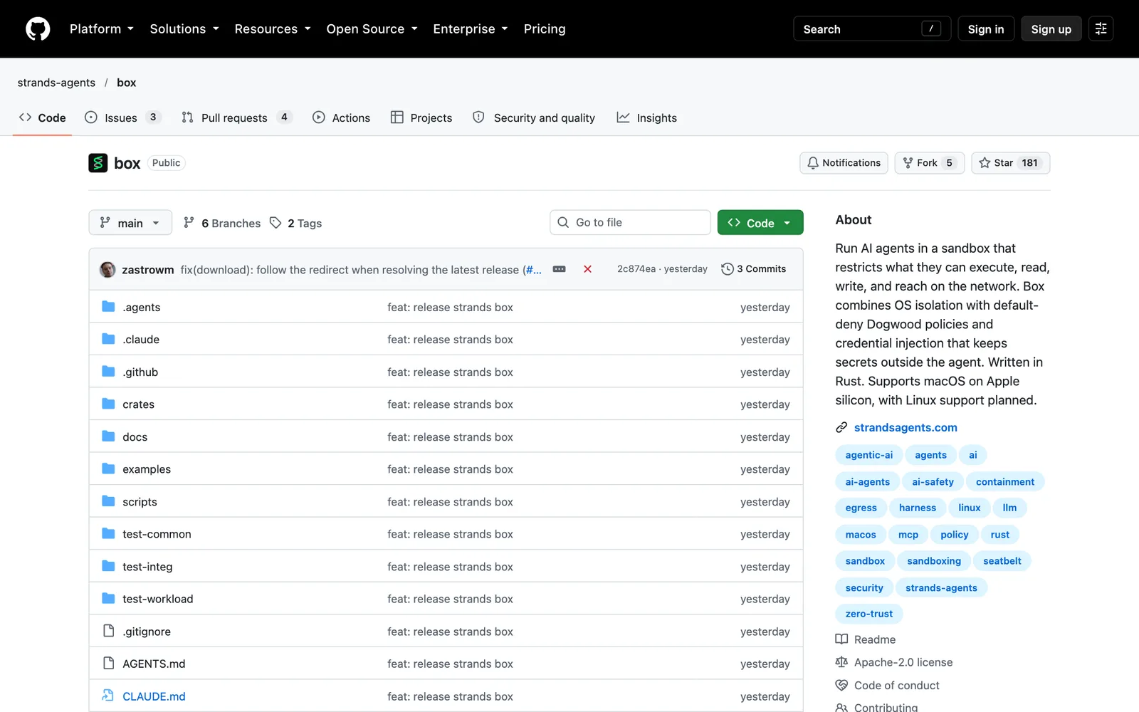 หน้าโครงการ strands-agents/box บน GitHub แสดงคำอธิบายว่าเขียนด้วย Rust รองรับ macOS บน Apple silicon มีแผนรองรับ Linux และใช้สัญญาอนุญาต Apache-2.0