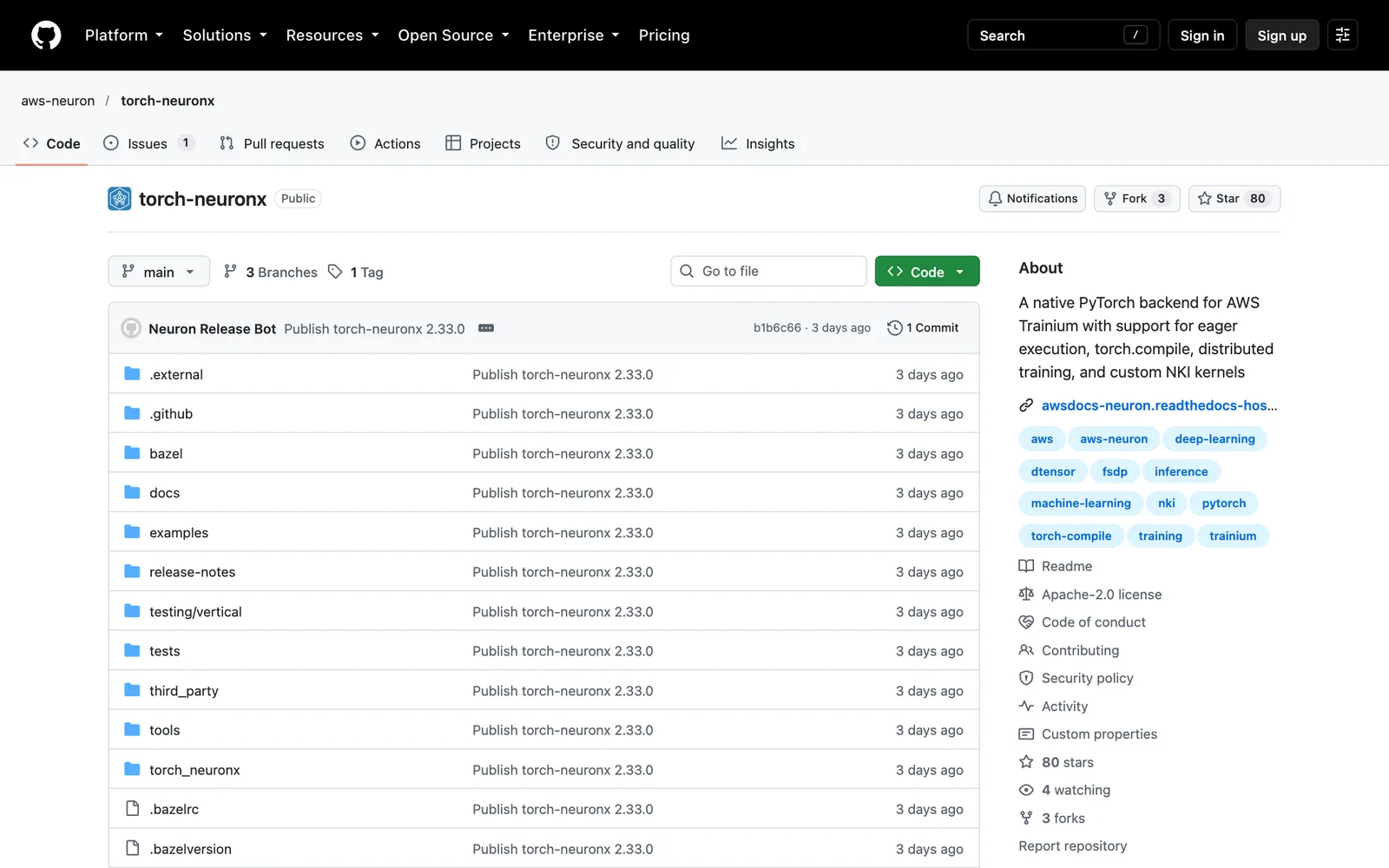 หน้า GitHub ของโครงการ aws-neuron/torch-neuronx ซอร์สโค้ดของ AWS TorchNeuron ระบุคำอธิบาย A native PyTorch backend for AWS Trainium และสัญญาอนุญาต Apache-2.0