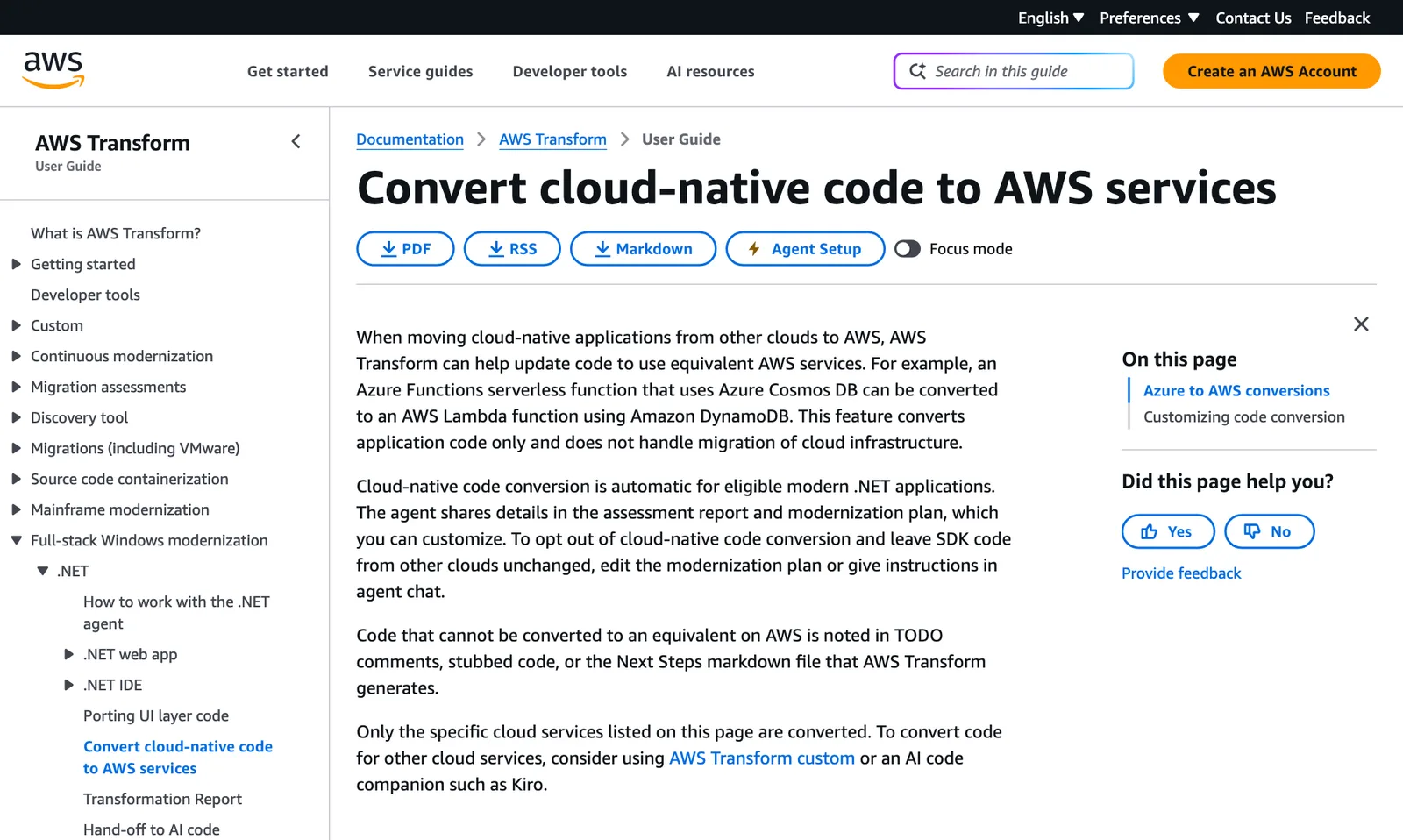 หน้าเอกสาร Convert cloud-native code to AWS services ใน AWS Transform User Guide