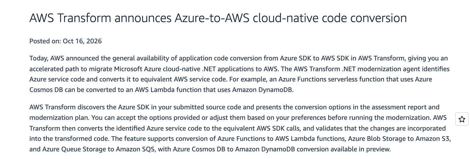 หน้าประกาศ What's New ของ AWS ลงวันที่ 16 ตุลาคม 2026 เรื่อง AWS Transform แปลงโค้ด Azure เป็น AWS