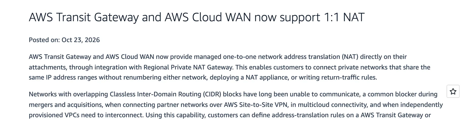 ประกาศ AWS What's New วันที่ 23 ตุลาคม 2026 เรื่อง AWS Transit Gateway 1:1 NAT และ AWS Cloud WAN 1:1 NAT ผ่าน Regional Private NAT Gateway