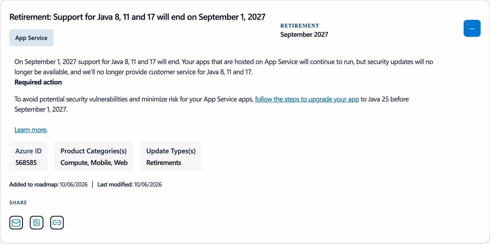 ภาพหน้าจอประกาศ Retirement ใน Azure Updates: Support for Java 8, 11 and 17 will end on September 1, 2027 สำหรับ Azure App Service